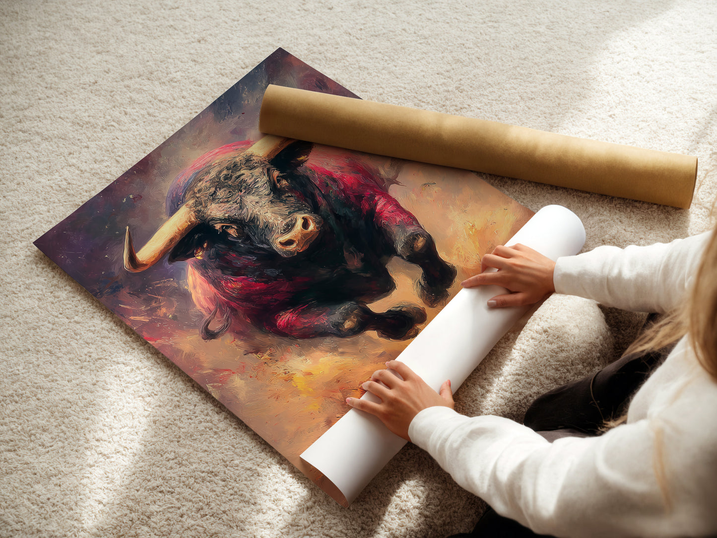 A woman carefully rolling a fine art poster paper. This high quality paper is perfect for art prints. The paper ensures vibrant colors and detail. Shop fine art poster paper for your next project now.