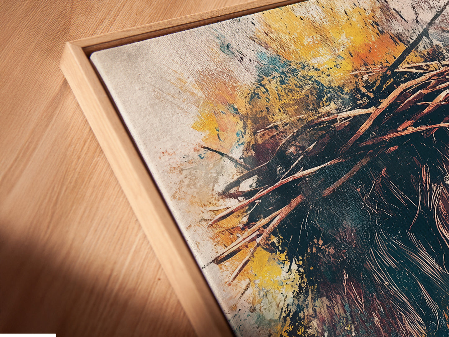 A close-up of a canvas print in a floating frame is displayed. The floating frame gives a modern gallery look. The canvas appears to float within the frame. This enhances the art's presence. Discover floating frames.