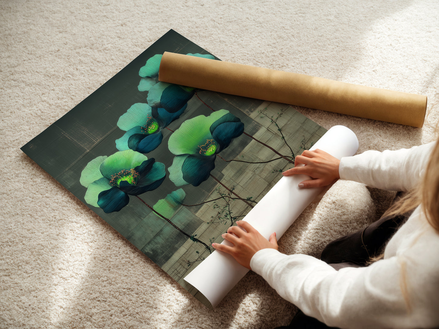 A woman is carefully rolling a fine art poster paper print of a floral botanical artwork. This highlights the care and attention to detail. This allows you to appreciate the quality of the fine art prints.