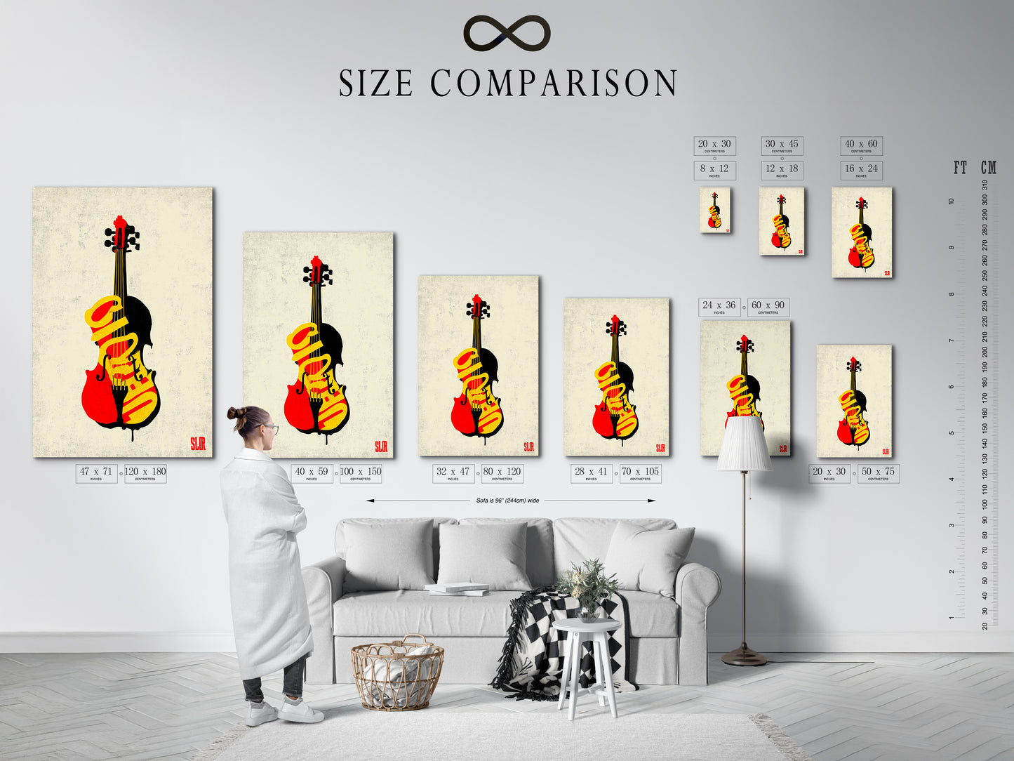Reference our size comparison chart in a stylish interior setting. See how the violin graffiti canvas print fits in a room. Plan your perfect music art display. Find the ideal size for your space.