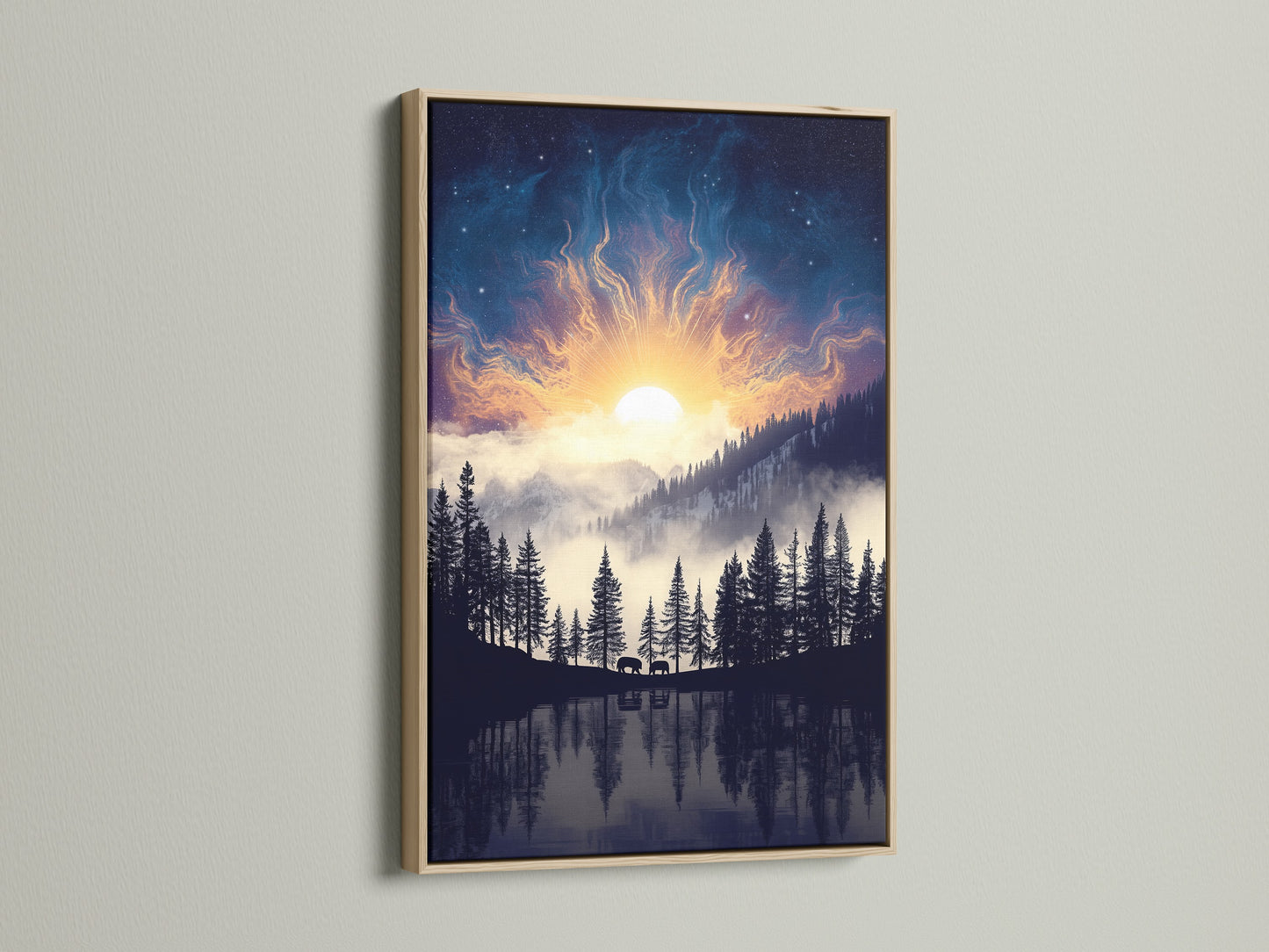 Mountain Lake artwork with an oak frame. The artwork showcases a serene lake surrounded by pine trees under a celestial sky. This nature print brings modern nature into your living space. Ideal for creating a peaceful bedroom decor with forest canvas.