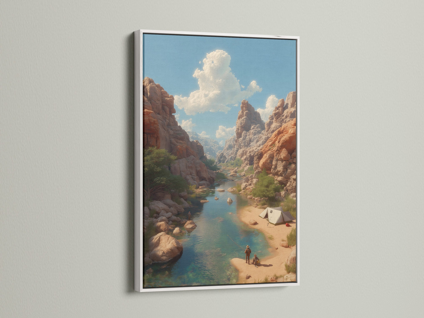 Artwork displayed in a white frame against a white wall. The white frame provides a clean and modern look. This frame makes the colors in the artwork pop. The art is ready to hang. White frames offer versatility. The frame is clean and modern.