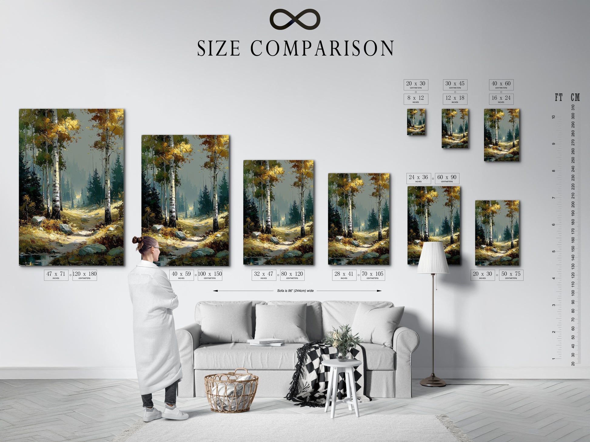 Size comparison chart in an interior setting featuring Birch Forest artwork. Visualize the perfect fit for your space. Choose the ideal size for your autumn landscape. The chart helps you imagine the artwork in your home. Find the perfect scale for your nature-inspired decor.