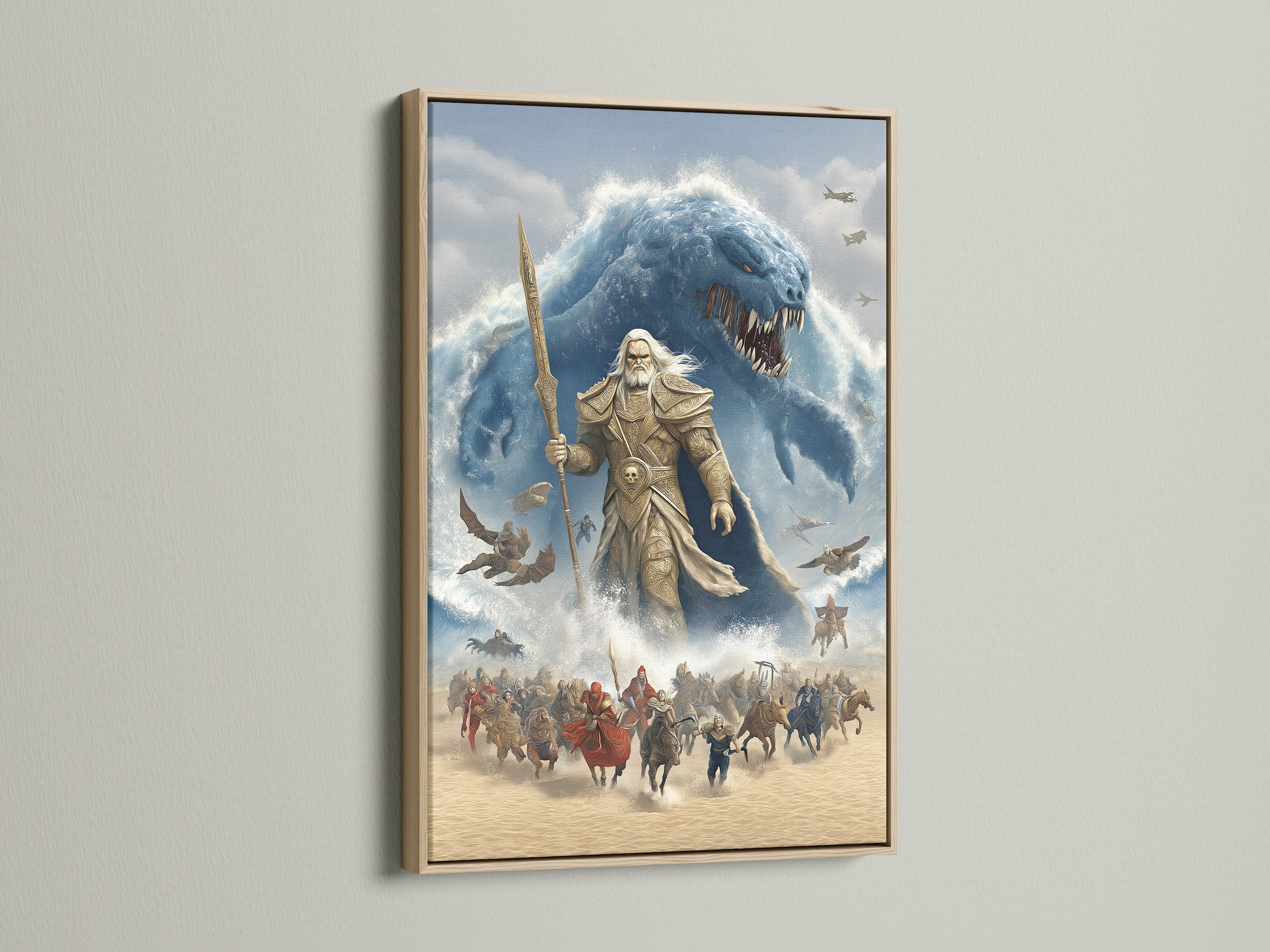 Norse Mythology Wall Artwork featuring a Poseidon Sea God Canvas Print. This epic fantasy artwork is displayed in a classic oak frame. It adds a touch of ocean mythology to any space. Perfect for fantasy decor or viking wall artwork.