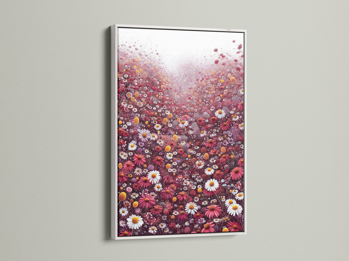 This image displays a floral meadow canvas artwork in a white frame. The artwork showcases a field of red and white wildflowers. It brings a fresh botanical touch to any space. Perfect for adding a contemporary spring blossom artwork. Elevate your walls with this floral artwork.