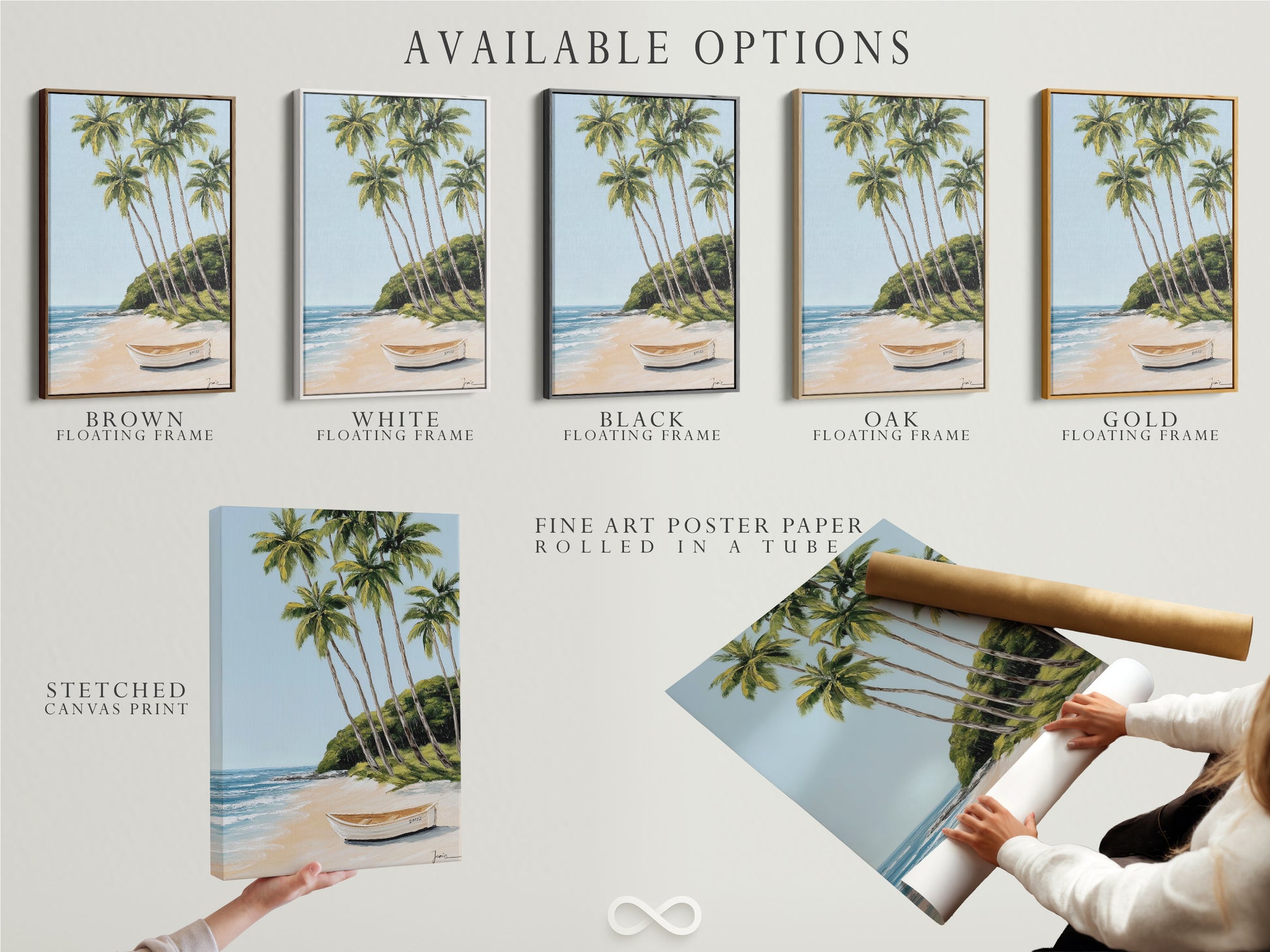 Available options for the tropical beach artwork are displayed. Choose from a stretched canvas print a fine art poster paper or a floating frame. Select the perfect option to match your style. Transform your space with beautiful artwork.