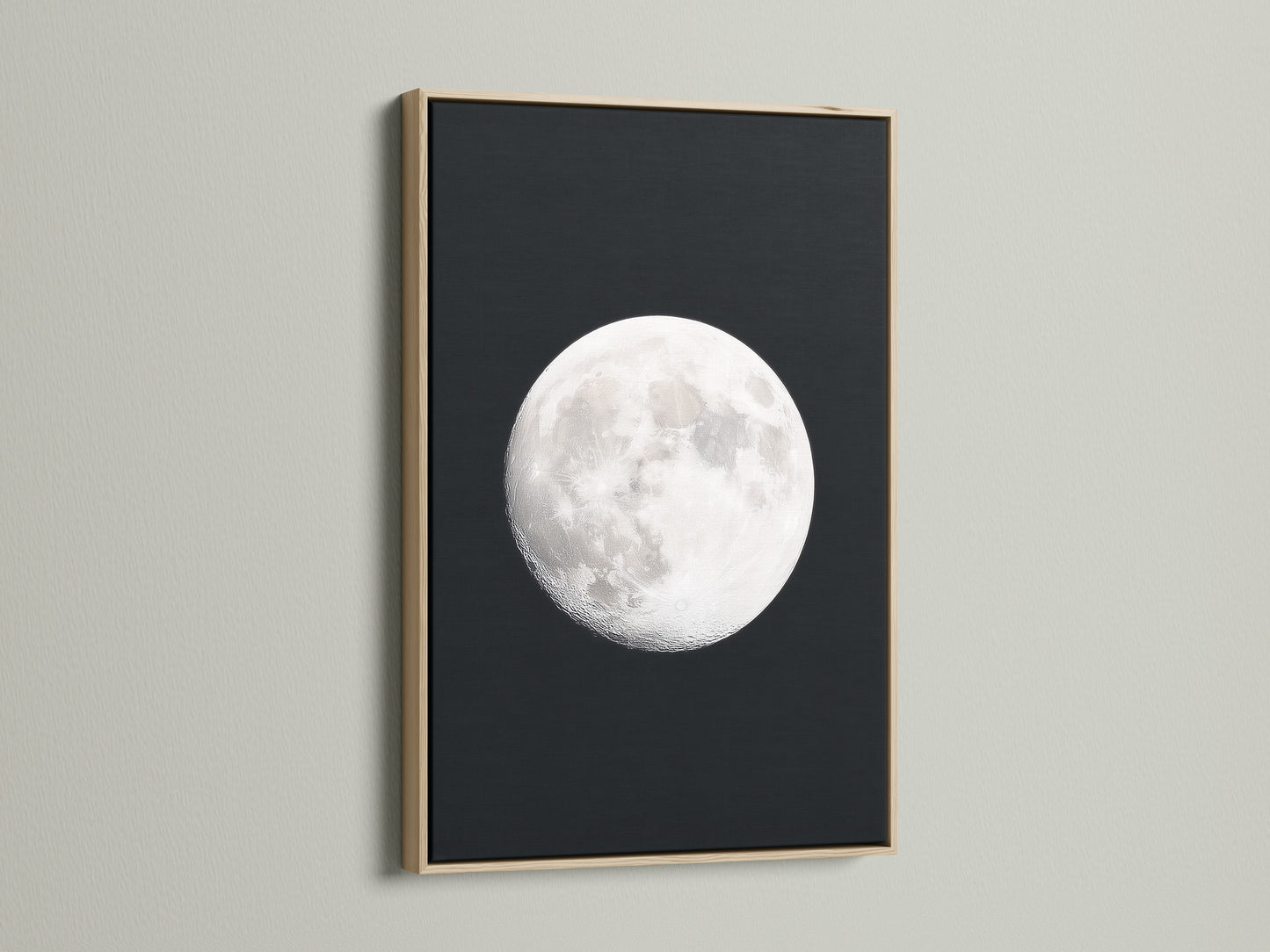 Full Moon lunar phase artwork with an oak frame. Ideal celestial wall art for bedroom astronomy decor. It's a great moon phase art piece. Perfect space themed art for modern aesthetics. It serves as an astrology gift and night sky print. A full moon artwork addition for celestial print lovers.
