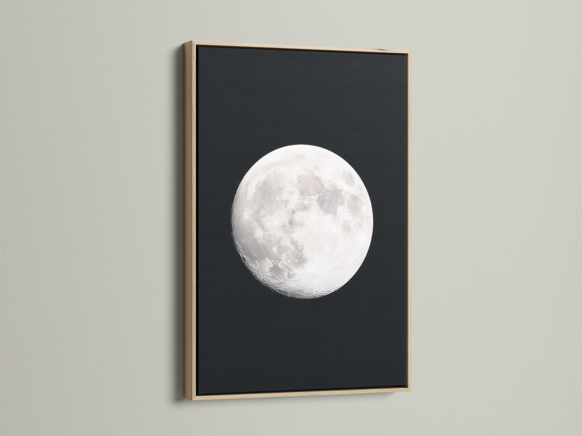 Full Moon lunar phase artwork with an oak frame. Ideal celestial wall art for bedroom astronomy decor. It's a great moon phase art piece. Perfect space themed art for modern aesthetics. It serves as an astrology gift and night sky print. A full moon artwork addition for celestial print lovers.