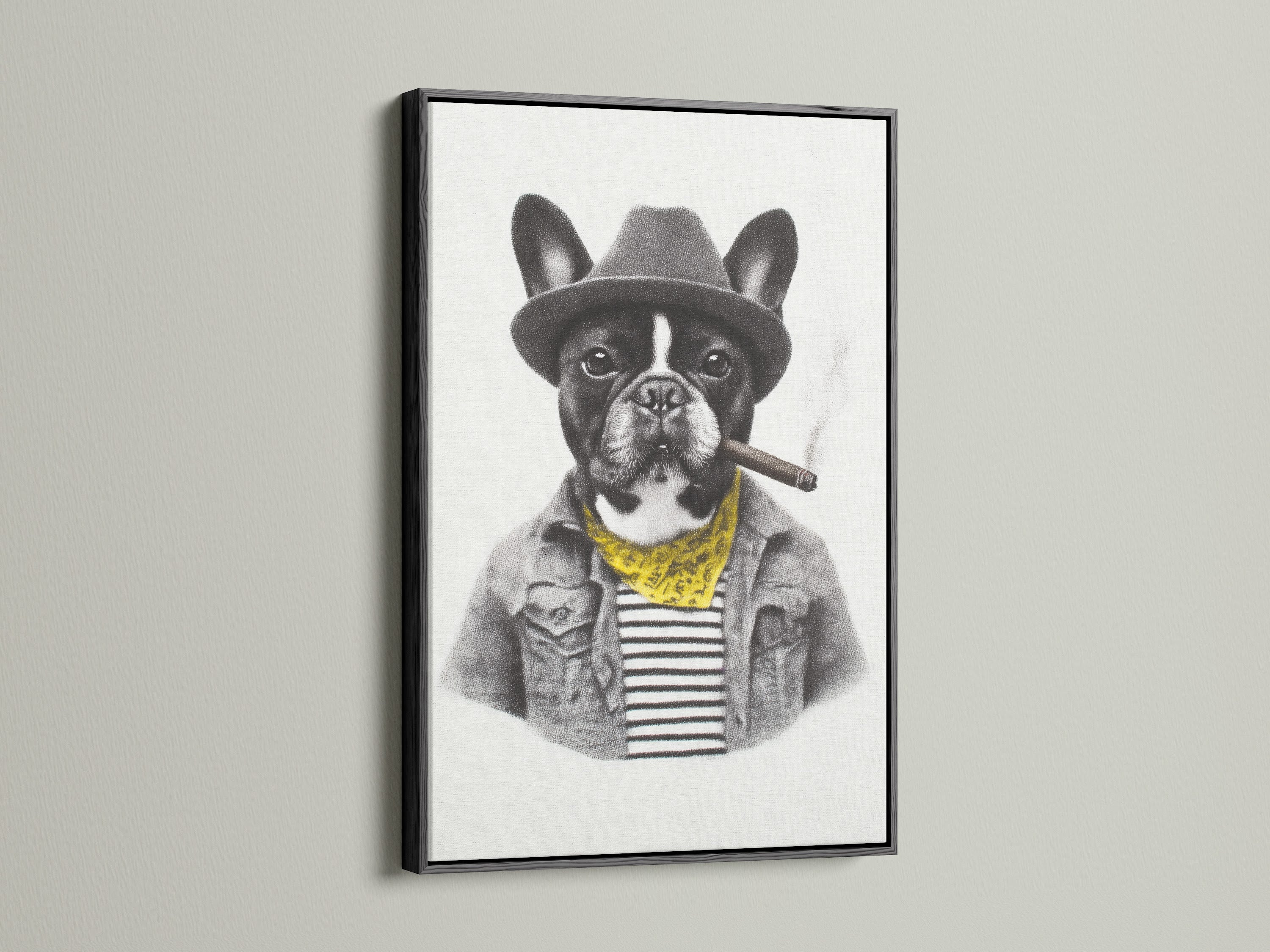Check out the French Bulldog art in a sleek black frame. This frame accentuates the dog portrait print. It makes it a standout piece of quirky wall art. Perfect for industrial and utility styles. This is a great addition to any man cave or office.