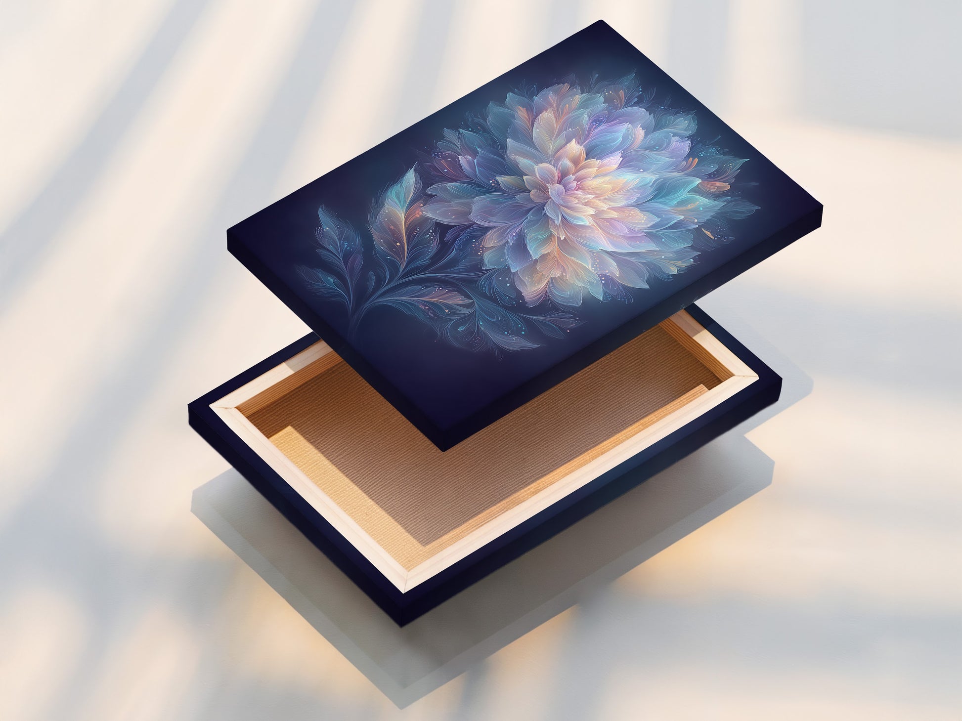 A stretched canvas print showcases ethereal flower artwork. Pastel blue and pink hues create a dreamy botanical scene. This canvas art is ready to hang. It is perfect for contemporary spaces and modern homes.