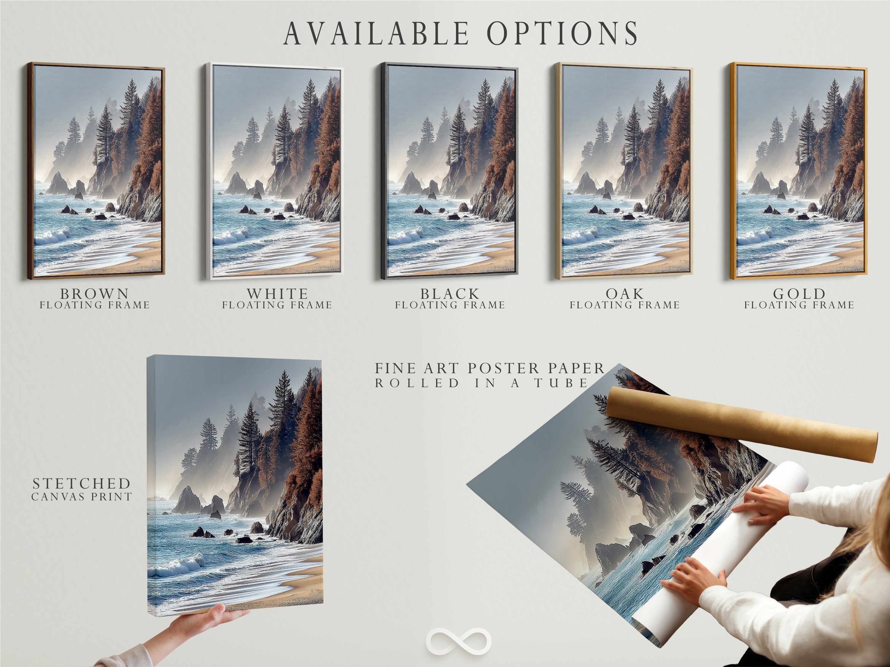 Available options for coastal scenery artwork include stretched canvas print fine art poster paper and floating frame.  Customize your artwork to match your unique style and preferences.  Select the perfect option to enhance your home or office decor.  Create a personalized masterpiece today
