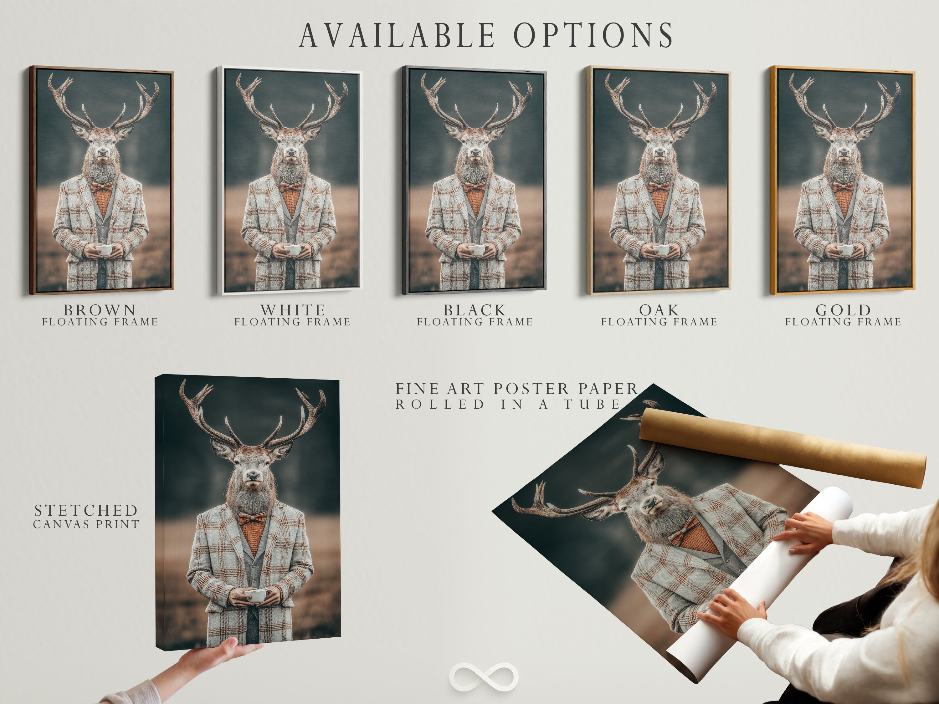 Available options for the Gentleman Deer art print. Choose from a stretched canvas print fine art poster paper or a floating frame. The animal portrait art is versatile. Vintage wall art that suits any style. Customize your quirky office decor today.
