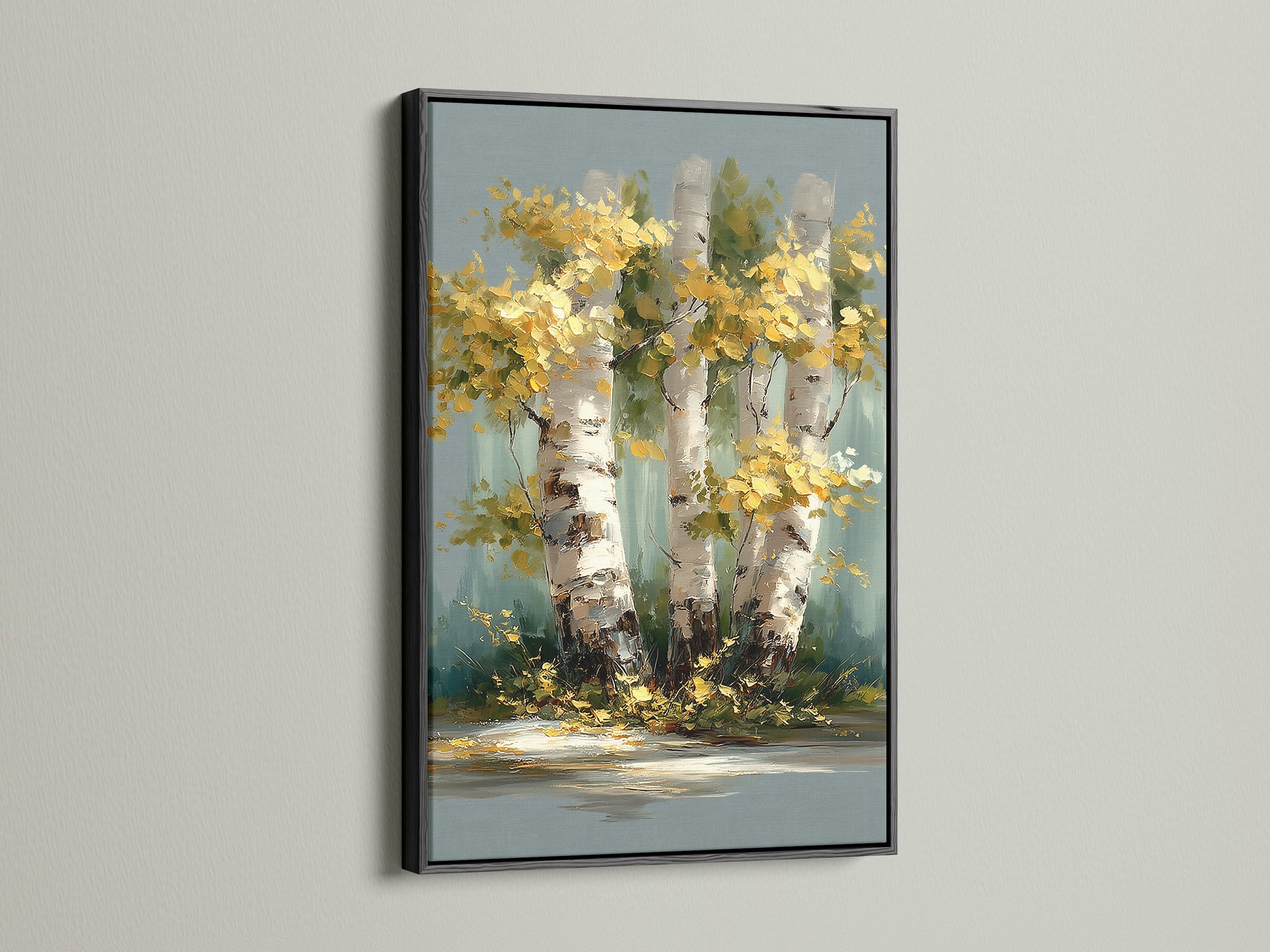 Birch Tree Canvas Print with a black frame. The black frame highlights the fall colors art. This birch tree artwork is ideal for living rooms or offices. The nature painting adds a touch of woodland charm.