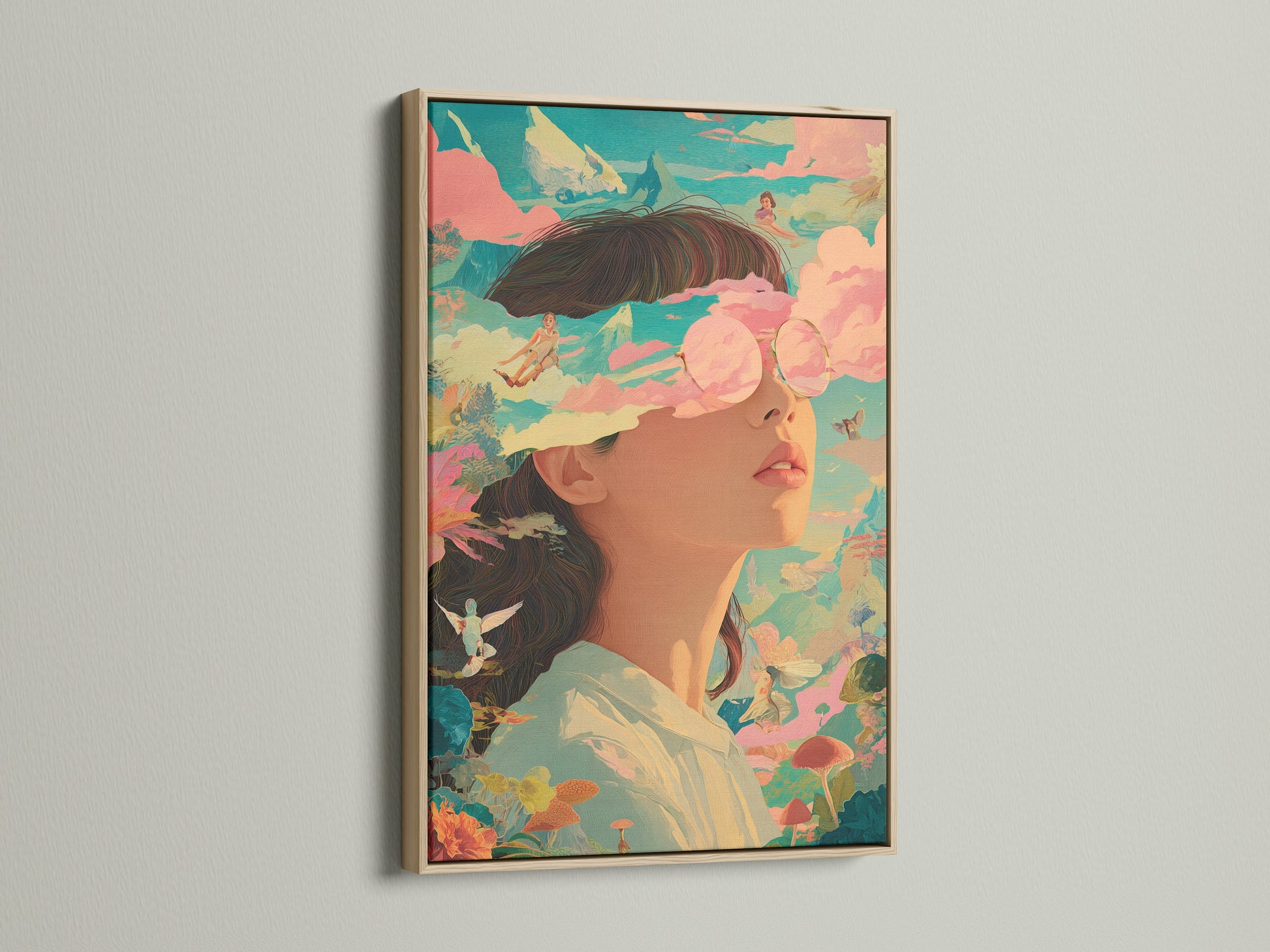 This is an oak frame showcasing a vibrant artwork. The piece features a woman with sunglasses amidst a dreamy cloudscape. The oak frame adds warmth and character to the artwork. Discover how the right frame can elevate your art.