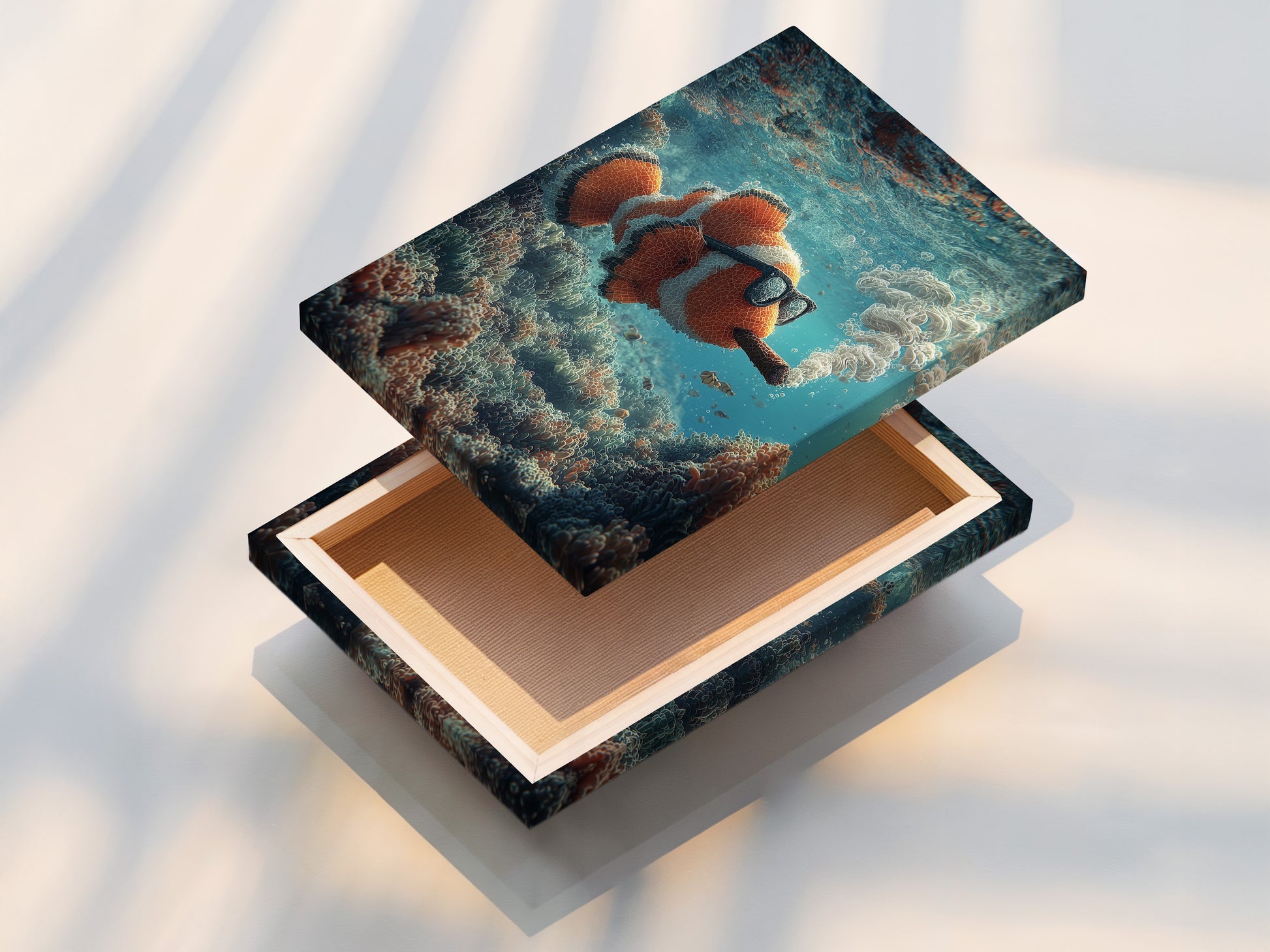 Stretched canvas print featuring a clownfish art. The art shows the clownfish smoking a cigar underwater. The stretched canvas provides a gallery wrapped look. It is ready to hang. A perfect piece to add character to your living space. The canvas print is durable