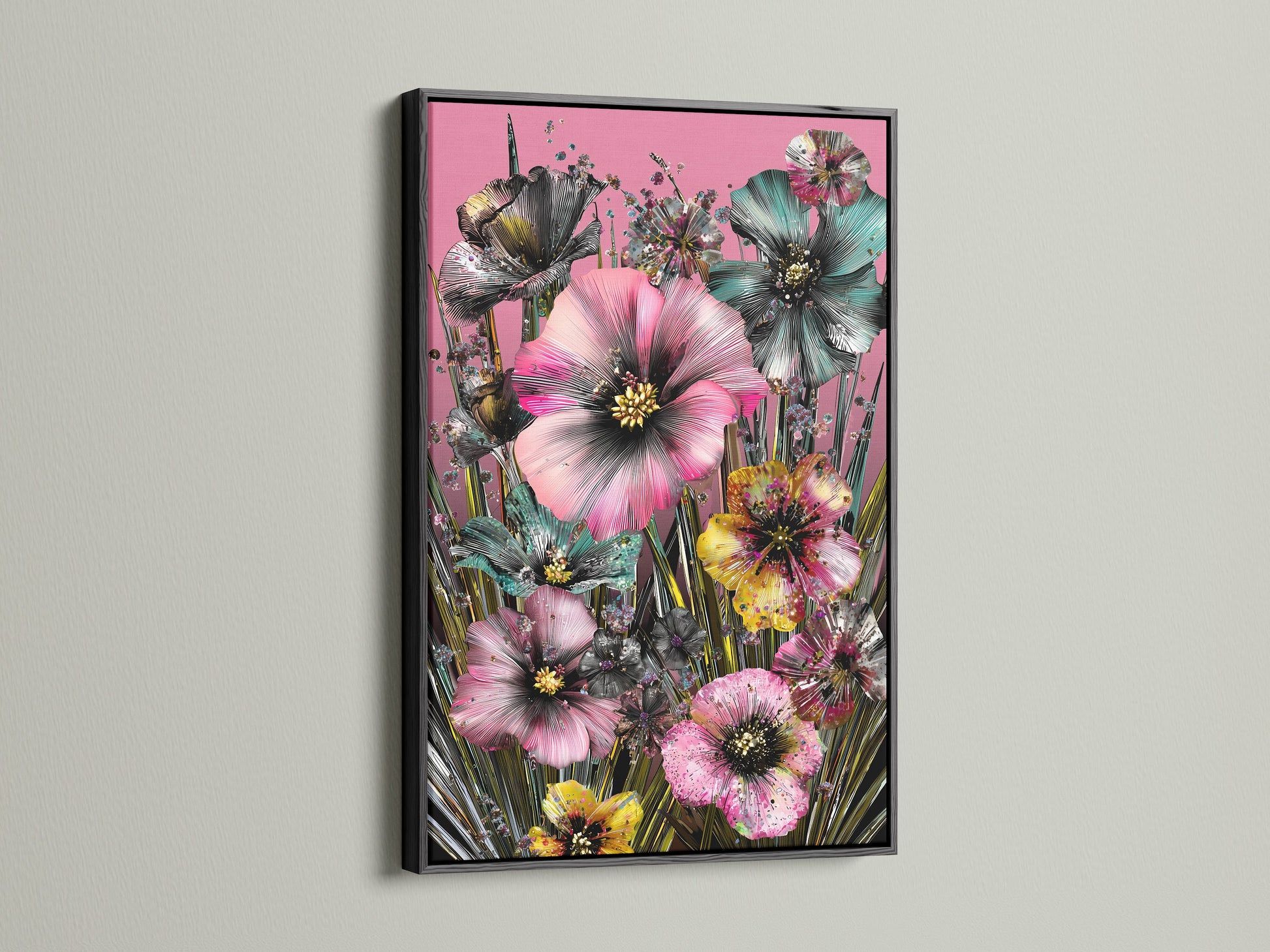 Botanical canvas print with a black frame. Features colorful flowers and tropical decor. This hibiscus canvas is perfect for bedroom wall art. Its vibrant design complements nurseries studios and boutiques.