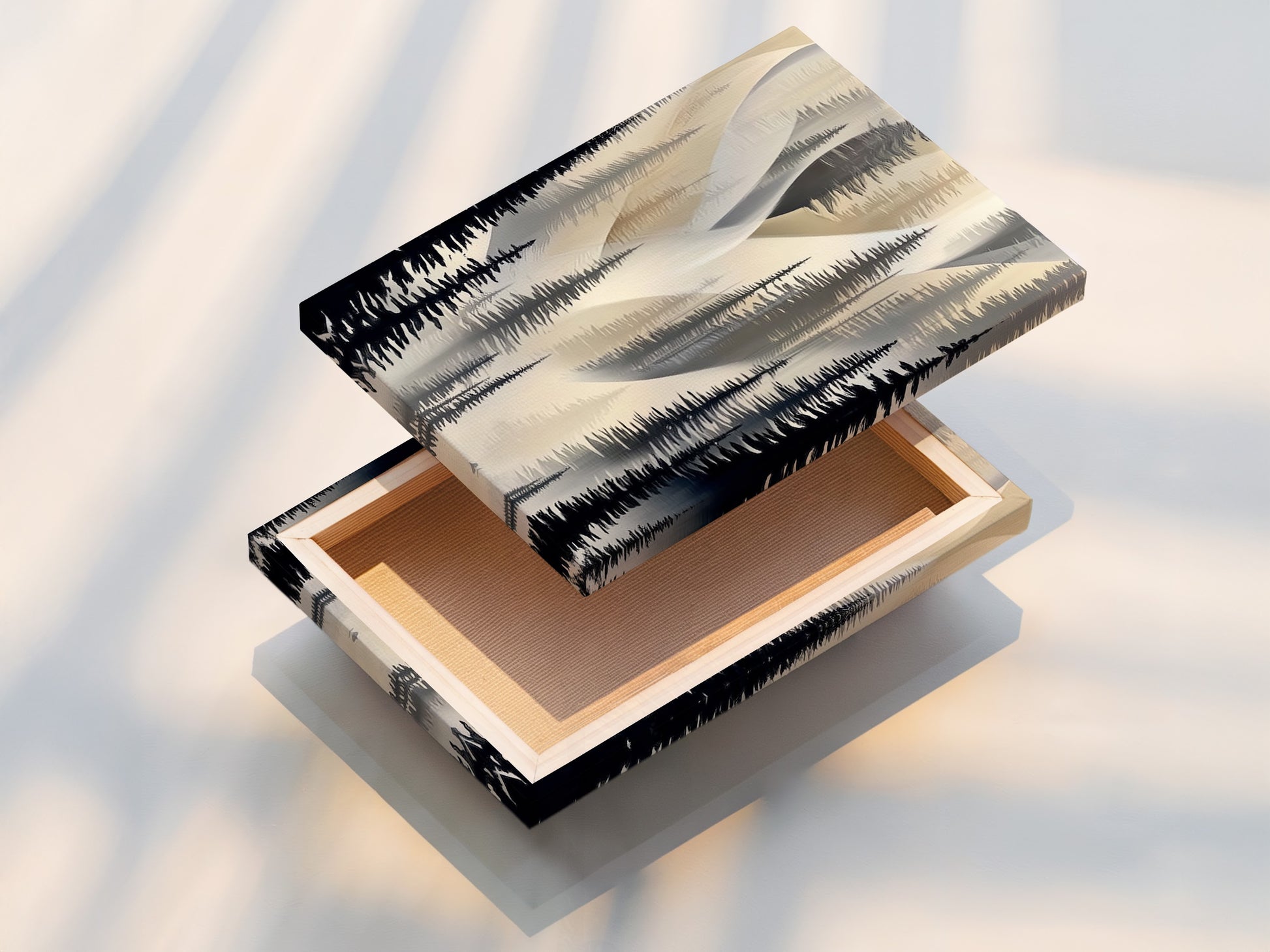 A stretched canvas print of abstract pine tree artwork is displayed. The stretched canvas provides a gallery wrapped edge. This artwork is ready to hang and enjoy. The neutral colors complement any interior style. The forest canvas print adds a touch of nature to your space. It is perfect for hallway wall decor.