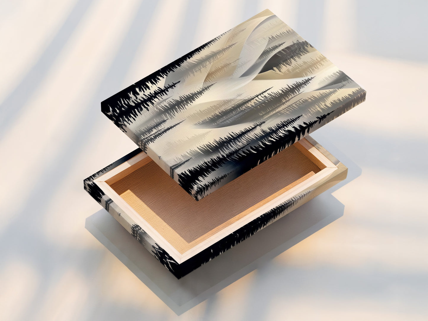 A stretched canvas print of abstract pine tree artwork is displayed. The stretched canvas provides a gallery wrapped edge. This artwork is ready to hang and enjoy. The neutral colors complement any interior style. The forest canvas print adds a touch of nature to your space. It is perfect for hallway wall decor.