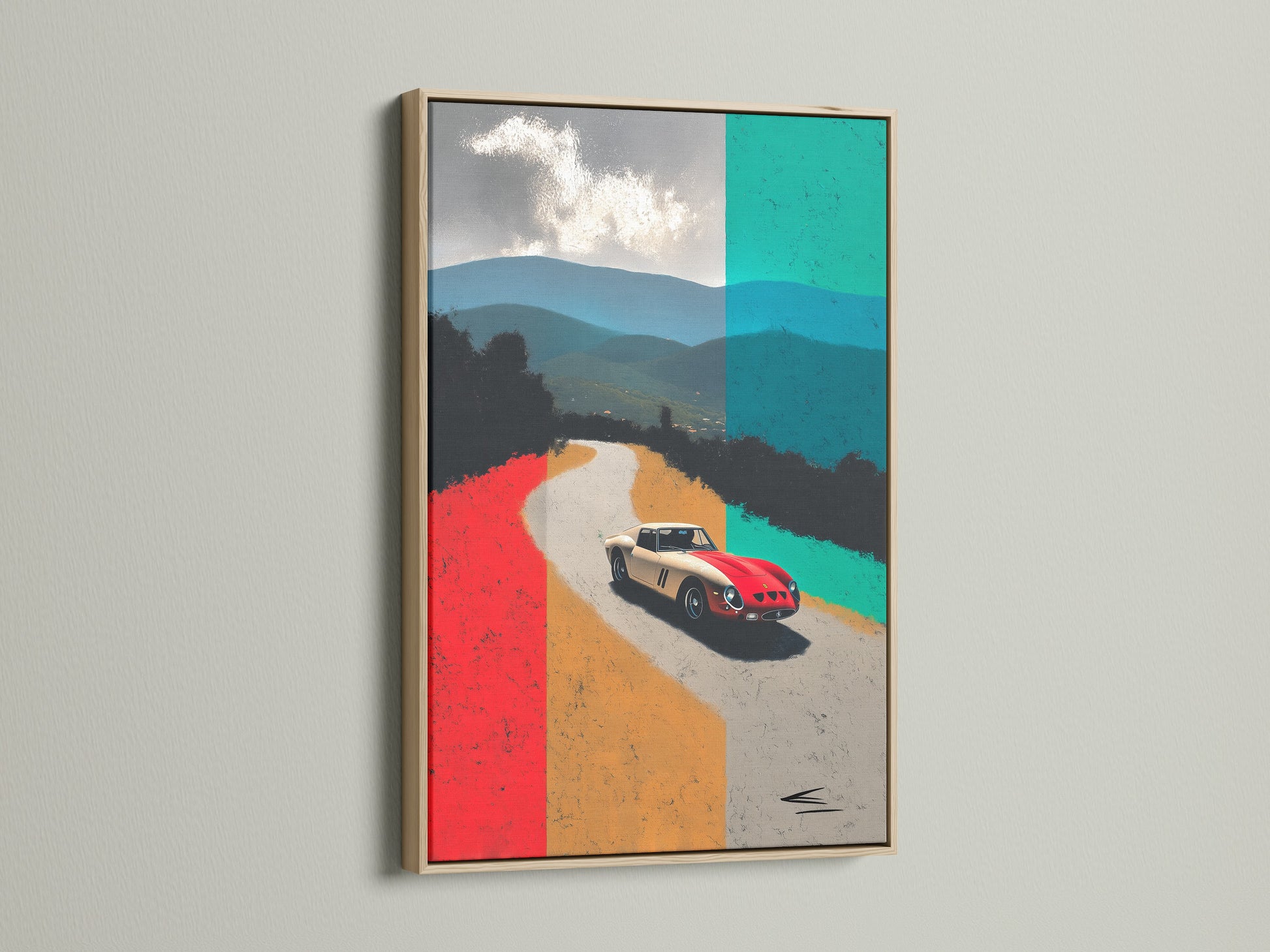 A vibrant sports car print displayed in an oak frame. The artwork shows a classic racing car speeding on a winding road. This retro car poster adds a touch of mid-century style to any room. Ideal for home office or garage decor.