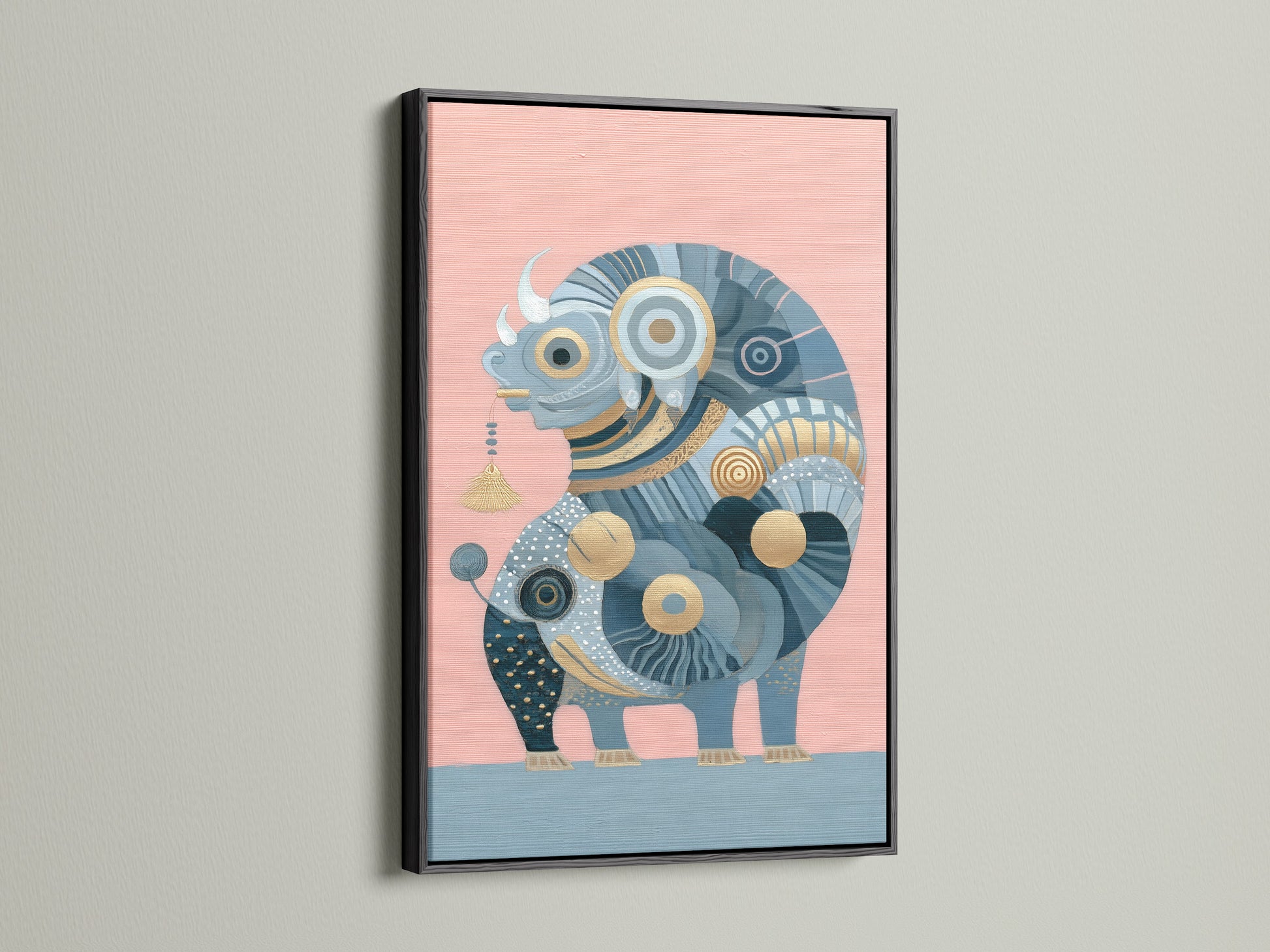 Abstract Bull art in a sleek black frame. The blue and gold abstract animal artwork is striking. It is ideal for modern homes and eclectic styles. This bull canvas is a statement piece. Perfect for office wall art or a contemporary touch.