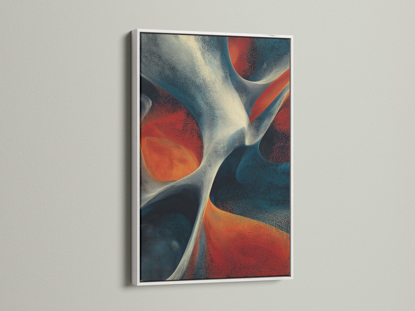Artwork with a white frame on a white wall. The artwork features abstract shapes in red white and blue. The white frame creates a clean and modern look. This framed art is ideal for adding a touch of elegance to any space.