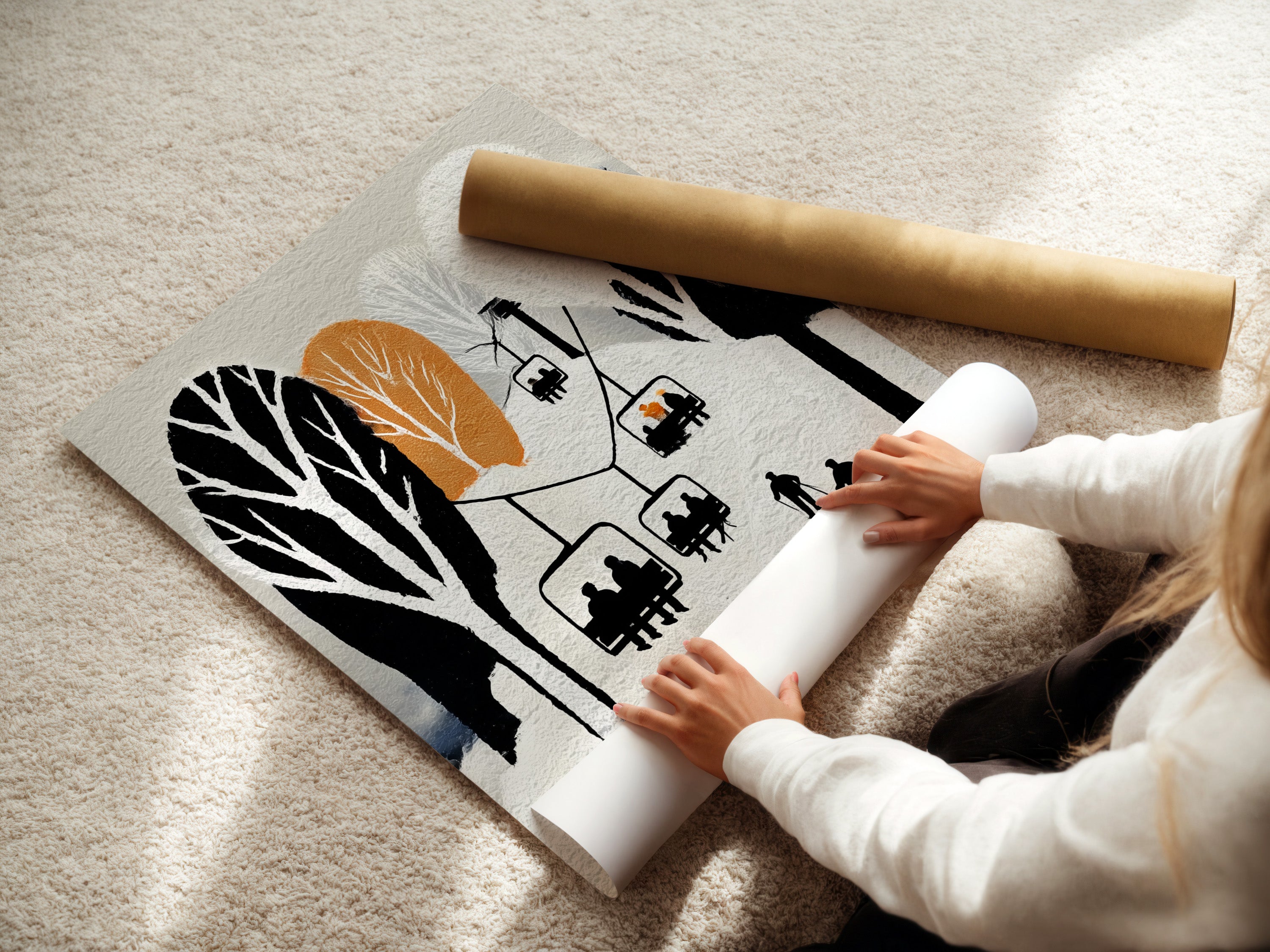 A woman is carefully rolling a fine art poster paper featuring a ski lift artwork. This winter mountain poster adds a vintage ski resort charm to cabin decor. The snowy alpine artwork complements lodge styles. Great minimalist decor for homeowners renters and designers.