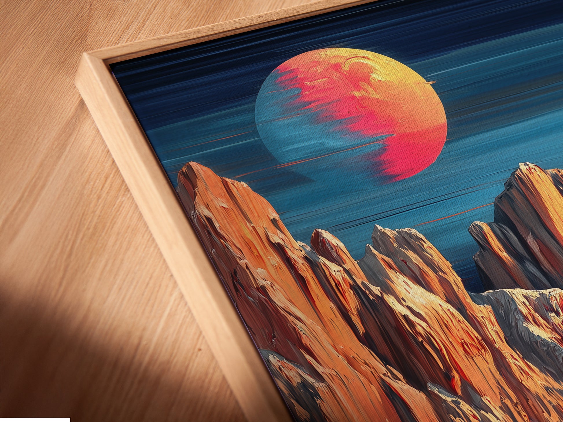Get a close up view of this canvas print in a floating frame. The mountain moon artwork appears to float adding depth. Winter landscape details are highlighted in peach and teal. This modern art piece enhances any interior. Discover the unique appeal of alpine artwork.