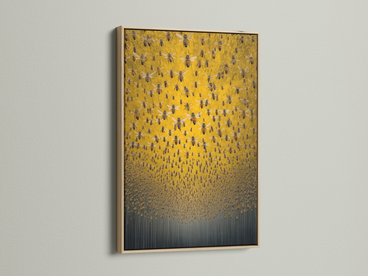 This is the oak frame option for your new insect canvas. The honey bee art looks stunning in this natural wood finish. Perfect for farmhouse style or rustic decor. The oak frame enhances the gold and gray tones of the artwork. Showcase your apian art in a beautiful oak frame.