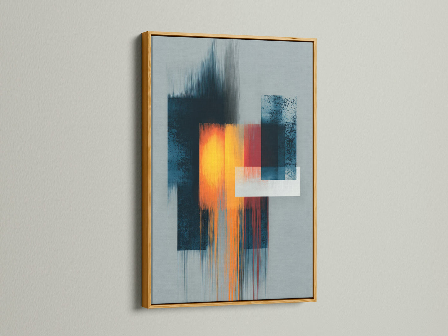 Elegant abstract artwork in a gold frame enhances any interior. The metallic frame adds a touch of luxury. The art features a blend of colors and textures. Gold frames bring sophistication and warmth to your decor.