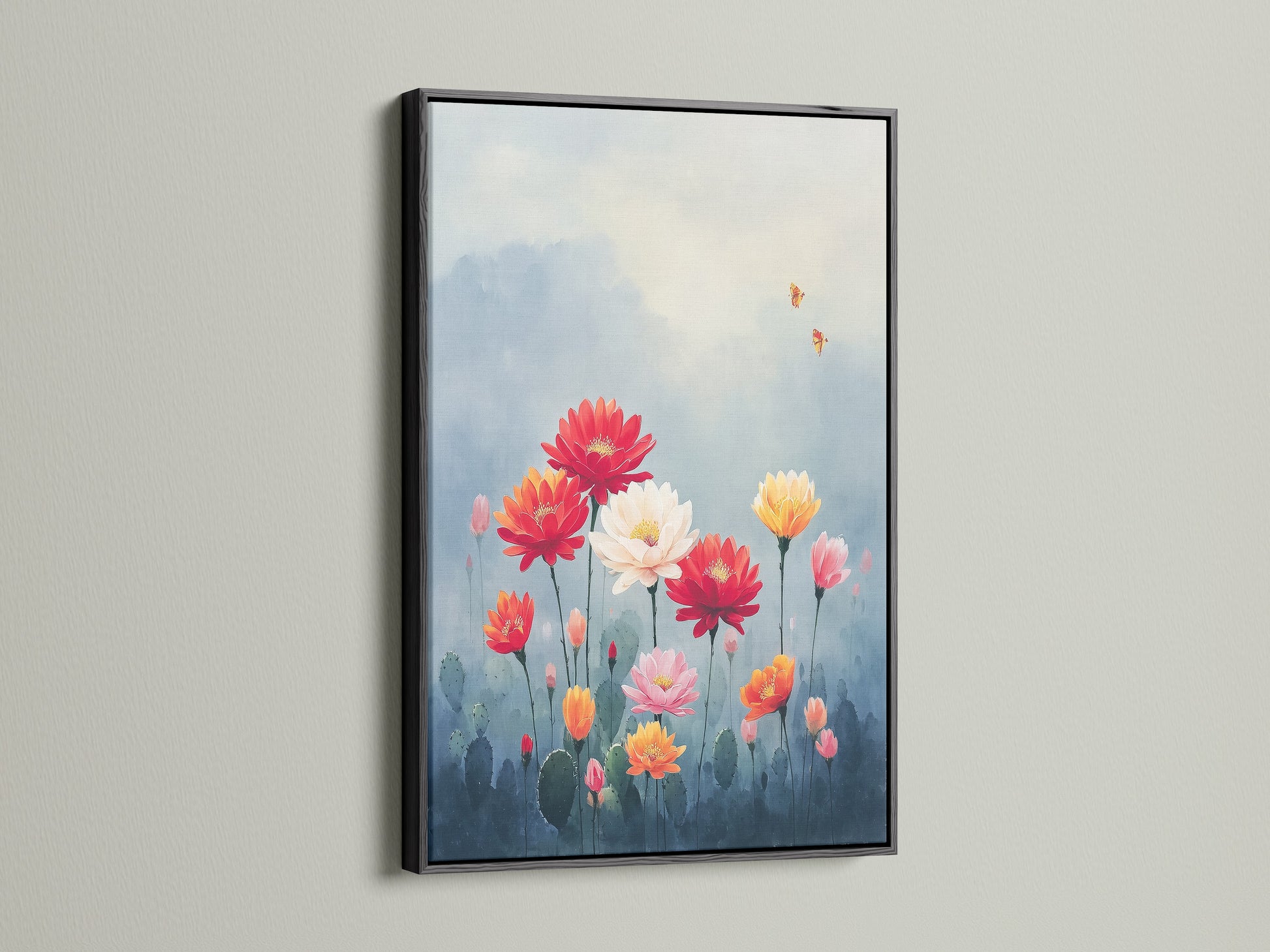 A floral garden artwork is displayed within a black frame. The artwork features colorful flowers like red white orange and pink. Botanical artwork adds a modern touch to any room. Perfect for bedrooms living rooms and more. The black frame adds a bold and sophisticated touch.
