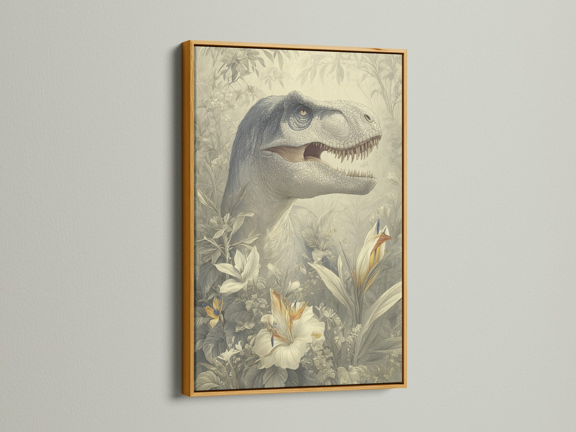 A luxurious gold frame highlights a dinosaur artwork. Gold frames bring a touch of glamor. They enhance the richness of art. Browse our gold frame selection to add elegance to your home decor.
