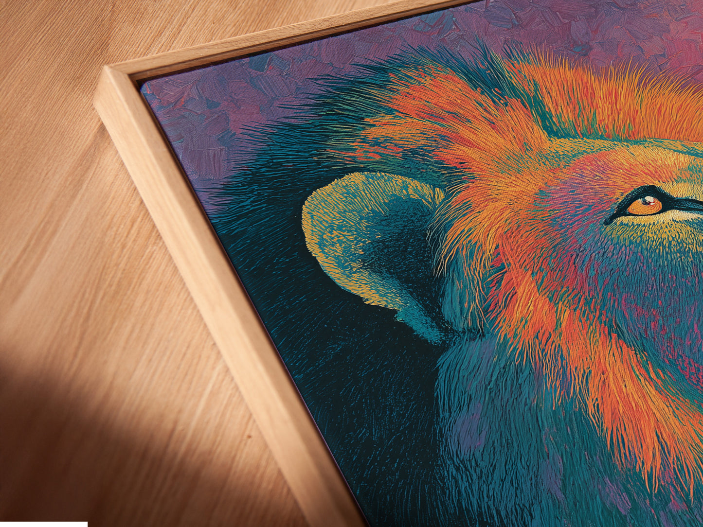 A close-up angled view of a canvas print in a floating frame. The floating frame gives a contemporary gallery feel. The canvas appears to float within the frame. See the details of our floating frame options.