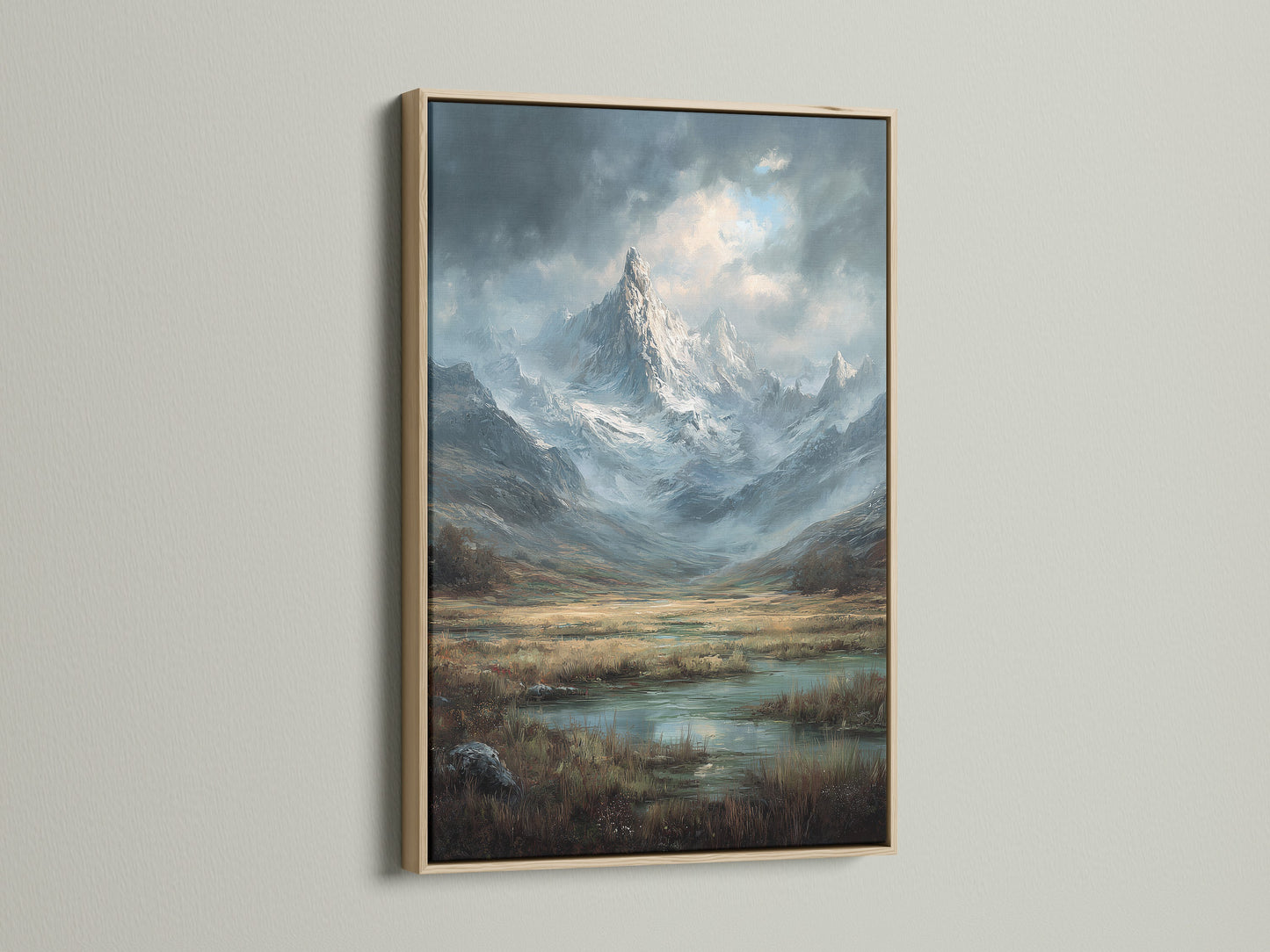 Artwork is displayed in an oak frame. The frame enhances the artwork. The art piece depicts a scenic mountain view. This is a great choice for nature lovers. The oak frame adds warmth to any room. The artwork is perfect for home or office decor.