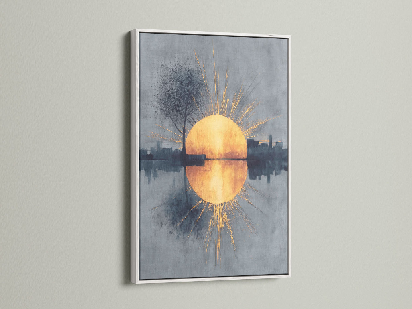 This modern artwork features a clean white frame. The sunrise reflection and abstract cityscape provide a serene focal point. The golden hour art brings a touch of tranquility to your living space. It enhances minimalist aesthetics.