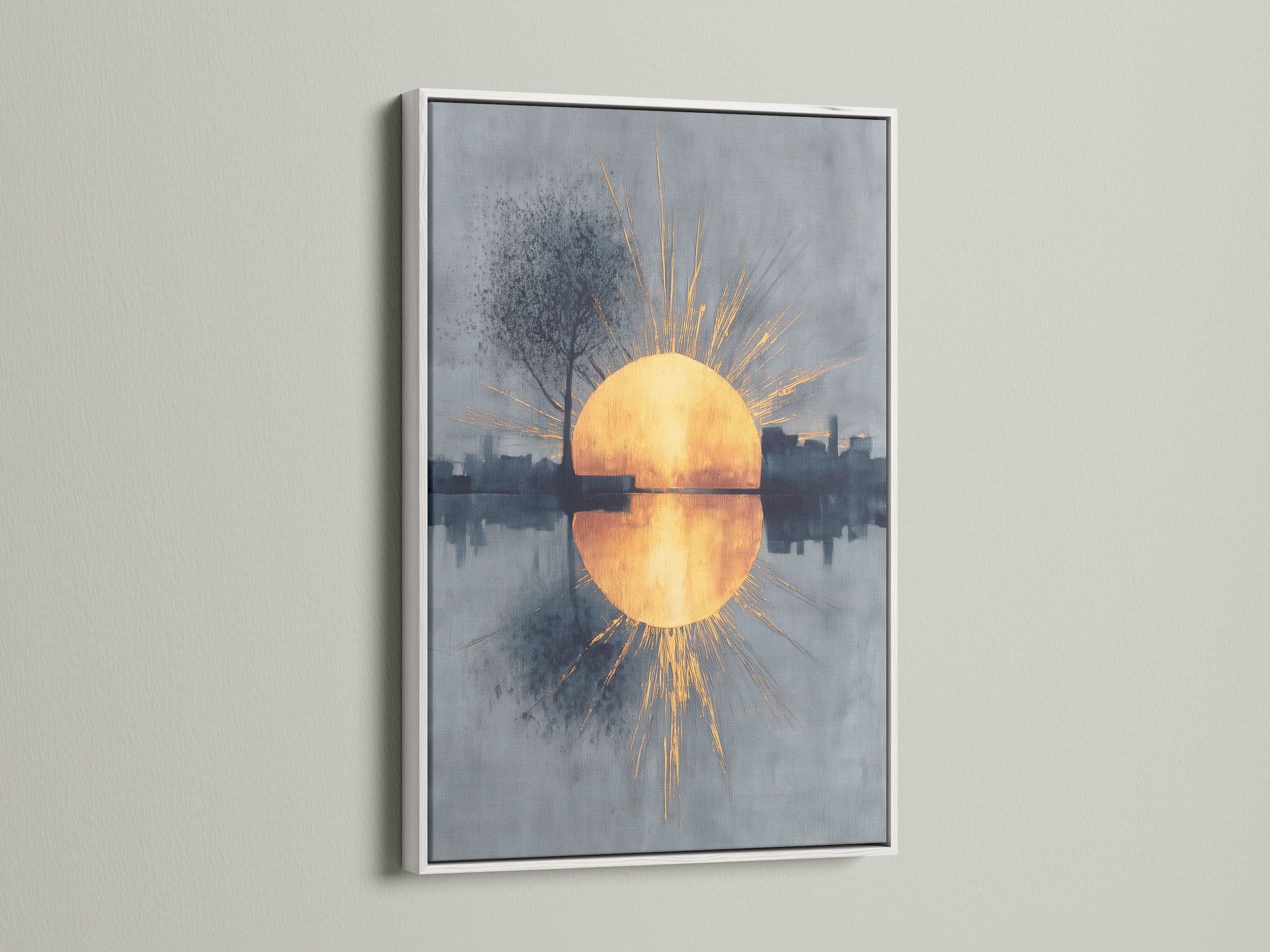 This modern artwork features a clean white frame. The sunrise reflection and abstract cityscape provide a serene focal point. The golden hour art brings a touch of tranquility to your living space. It enhances minimalist aesthetics.