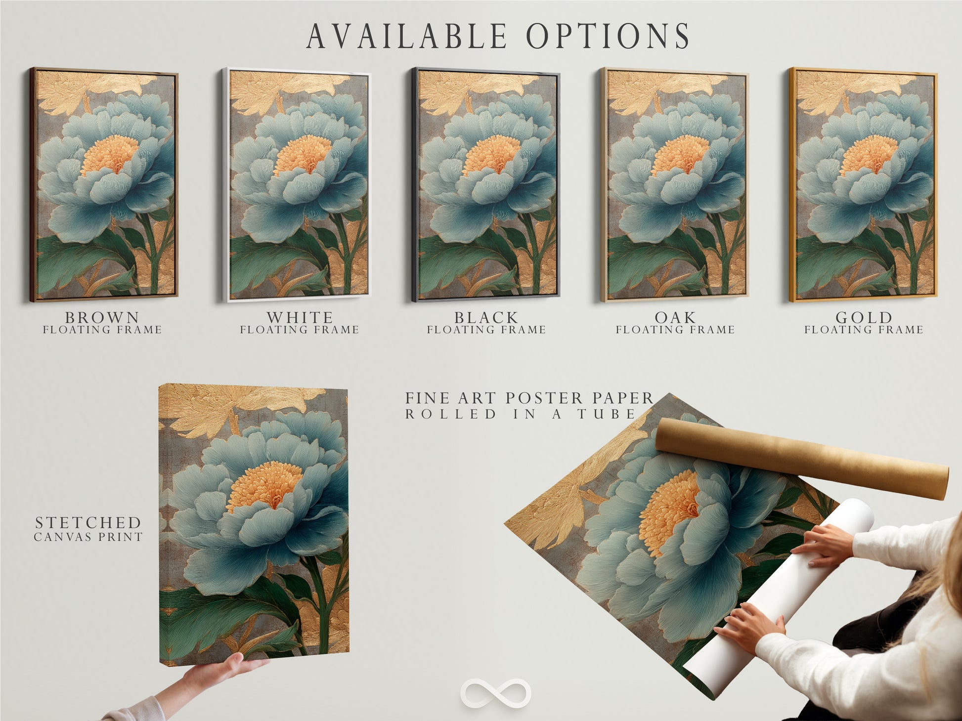 Explore available options for your artwork. Choose from a stretched canvas print. Opt for fine art poster paper. Consider a floating frame for a gallery look. Customize your art to match your style. The artwork is displayed on a white wall.
