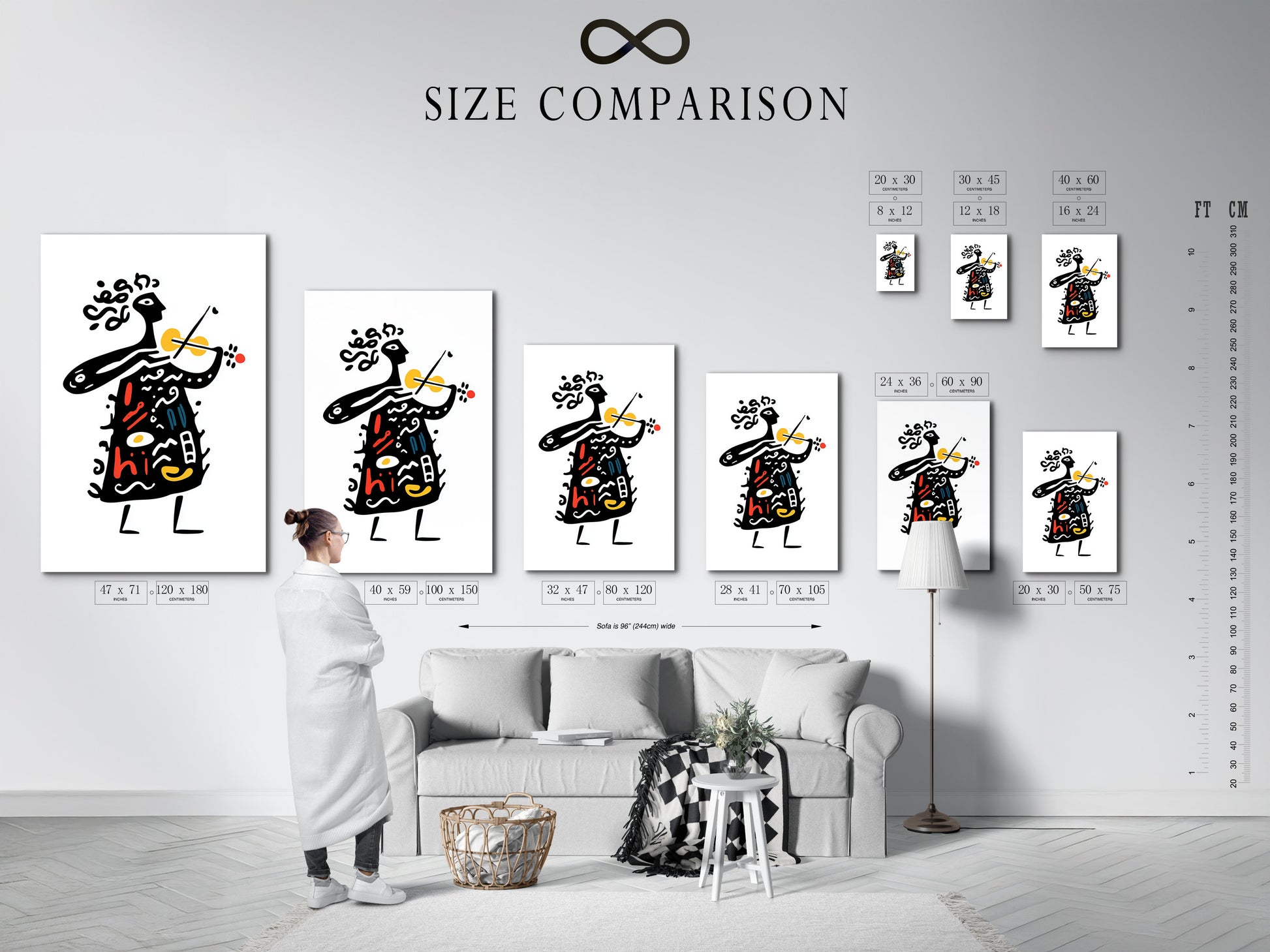 Size comparison chart displayed in an interior setting. Visualize the different sizes of art prints. See how they look in a real room. Choose the perfect size to fit your space. This chart helps you make an informed decision.