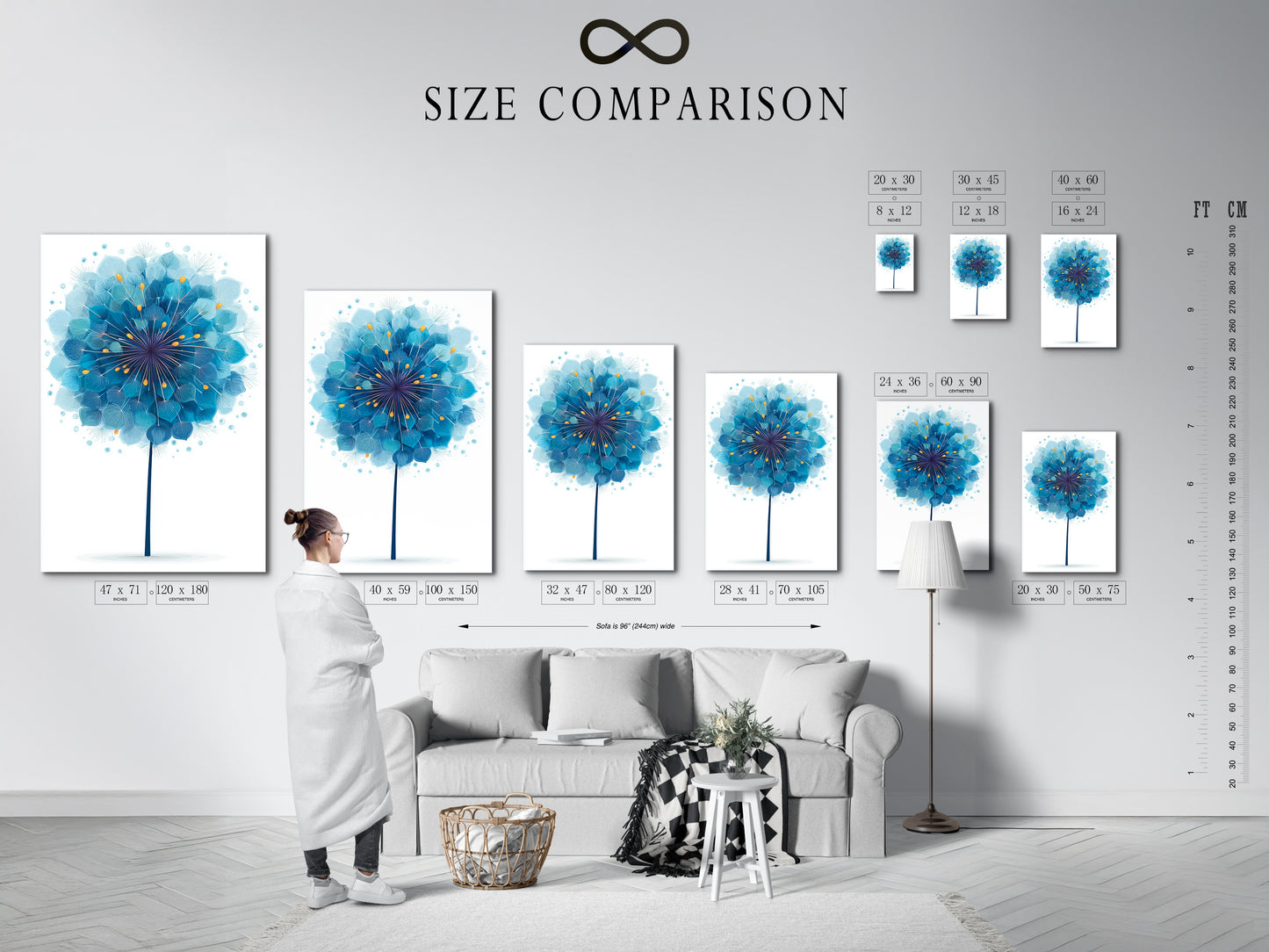 A size comparison chart is displayed in an interior setting. Visualize how the blue dandelion artwork will fit in your home. Choose the perfect size for your living room wall art or bedroom wall decor. Plan your space.