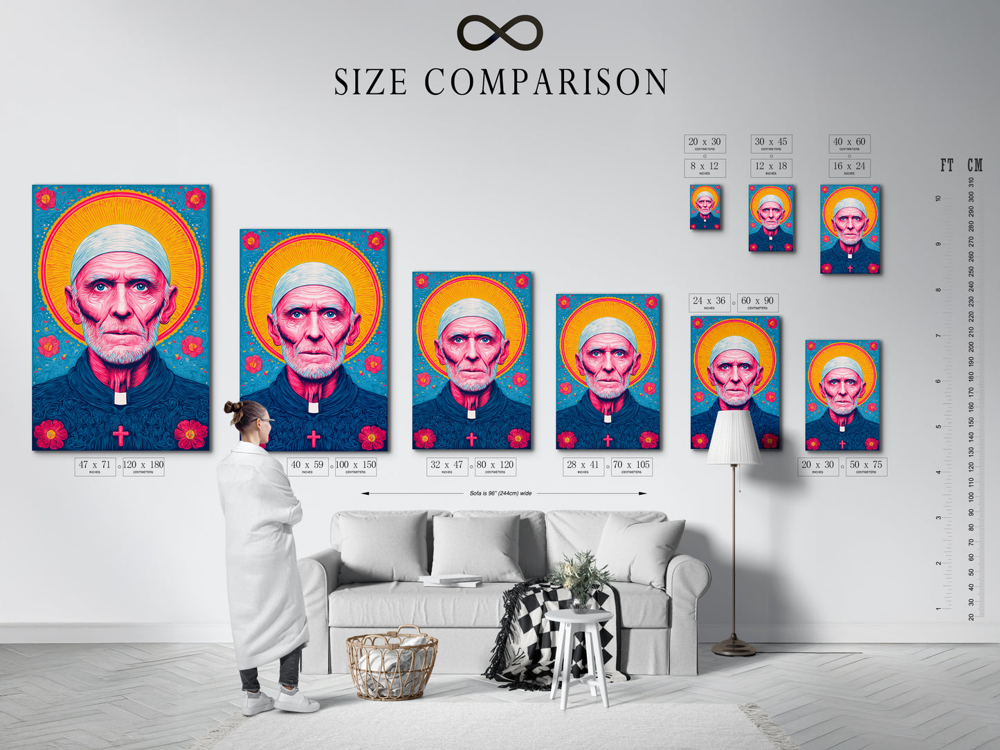 A size comparison chart in an interior setting showcases the priest portrait. It helps visualize the scale of the religious art. This allows you to choose the perfect size for your church decor. The chart provides a clear understanding. It helps ensure the artwork fits seamlessly into your space.