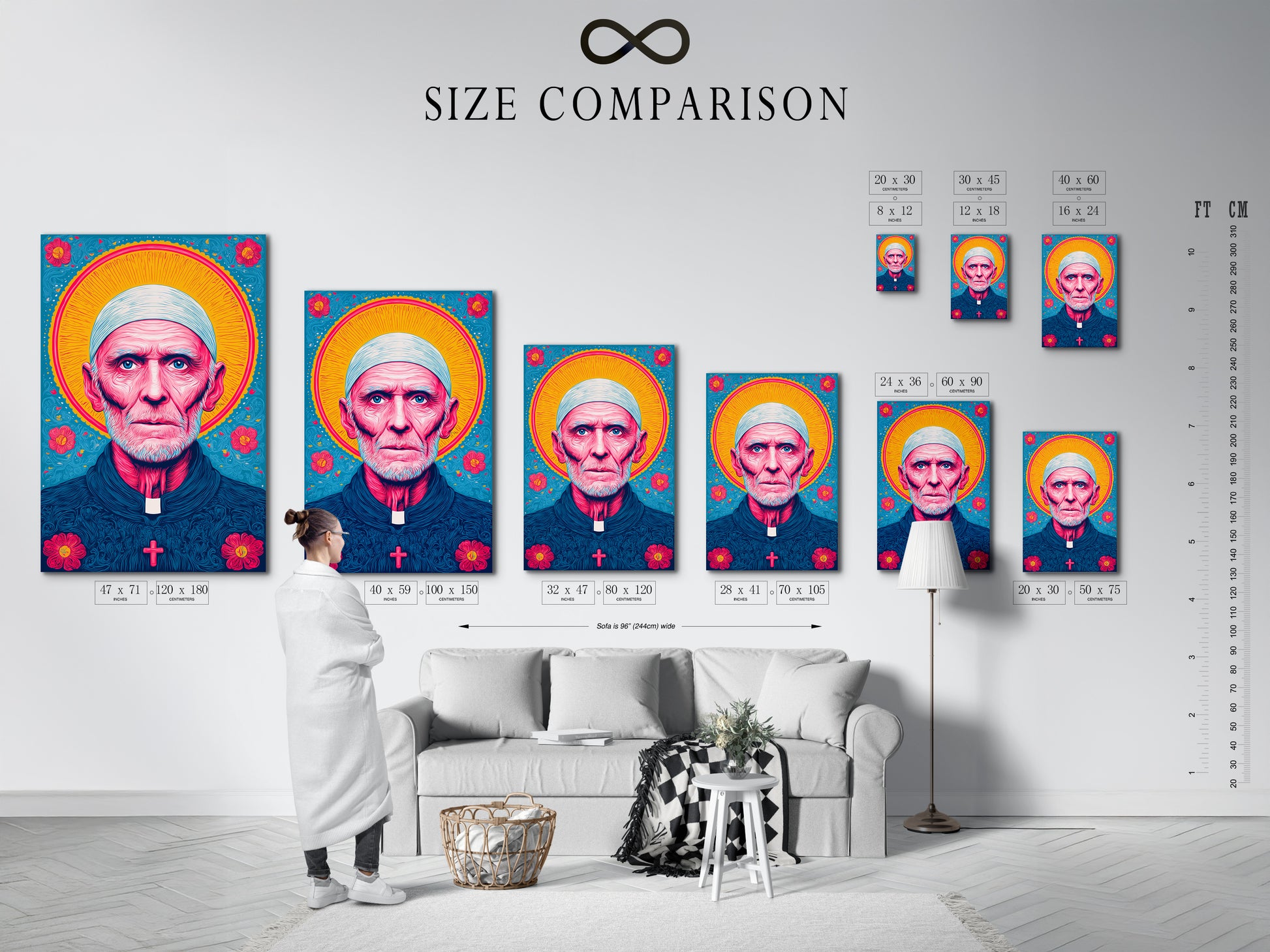 A size comparison chart in an interior setting showcases the priest portrait. It helps visualize the scale of the religious art. This allows you to choose the perfect size for your church decor. The chart provides a clear understanding. It helps ensure the artwork fits seamlessly into your space.