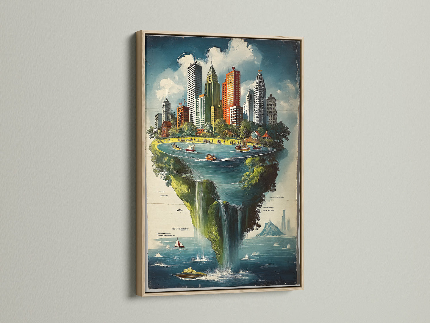 A captivating cityscape island artwork presented in an oak frame. The fantasy print showcases a floating metropolis with vibrant colors. It's ideal for modern spaces. This unique wall art brings urban sophistication to living rooms and offices. It is a great gift for art lovers.