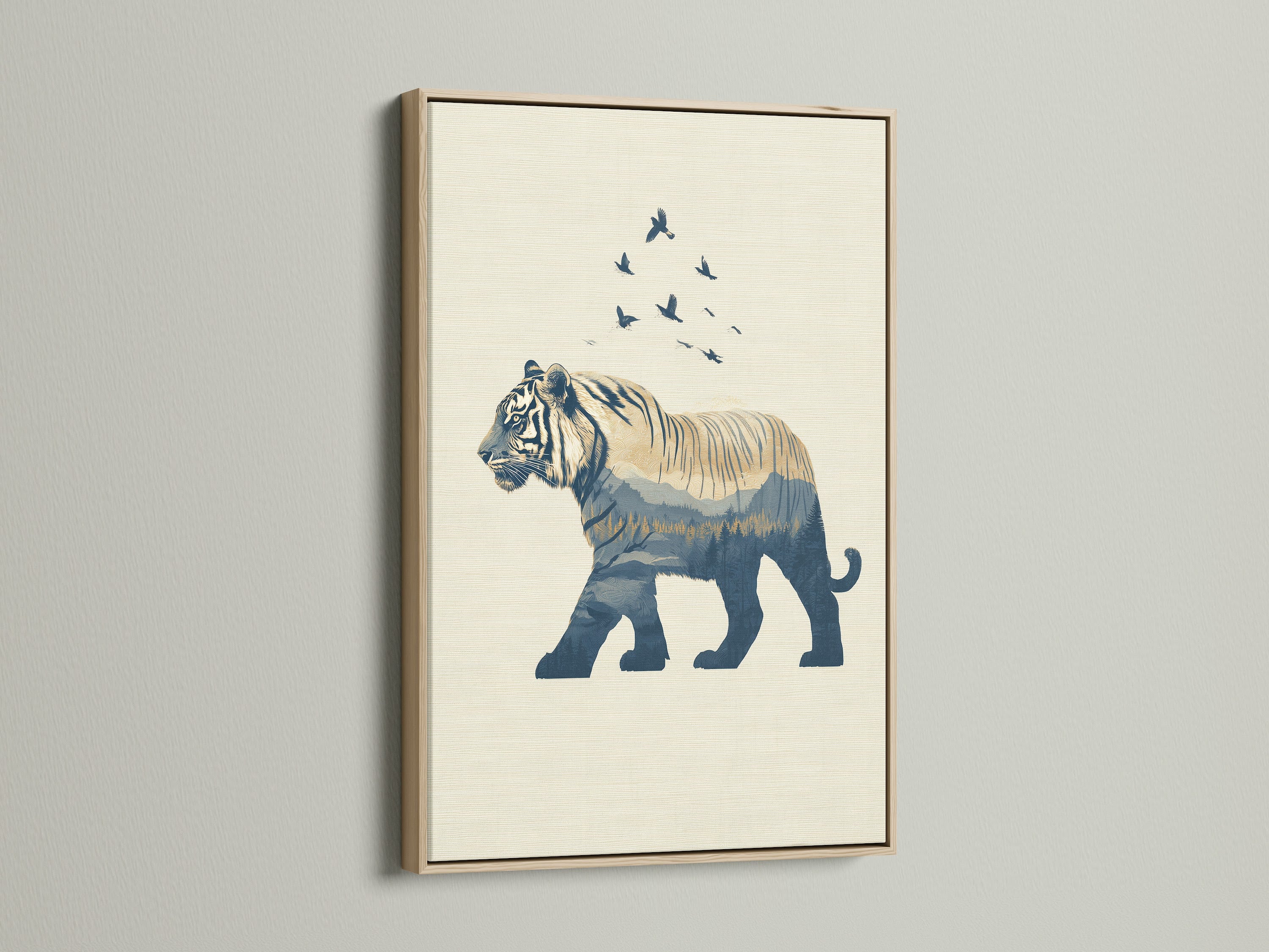 This oak frame beautifully complements the blue minimalist tiger artwork. The natural wood grain enhances the wildlife silhouette. Perfect for adding a touch of nature to your office or bedroom. Discover the charm of animal canvas prints. Elevate your space with this stunning piece.