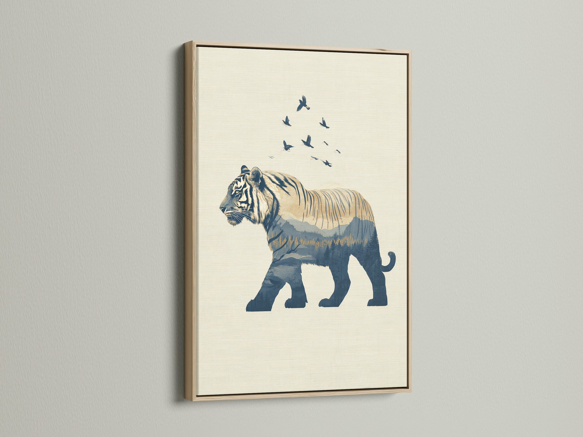 This oak frame beautifully complements the blue minimalist tiger artwork. The natural wood grain enhances the wildlife silhouette. Perfect for adding a touch of nature to your office or bedroom. Discover the charm of animal canvas prints. Elevate your space with this stunning piece.