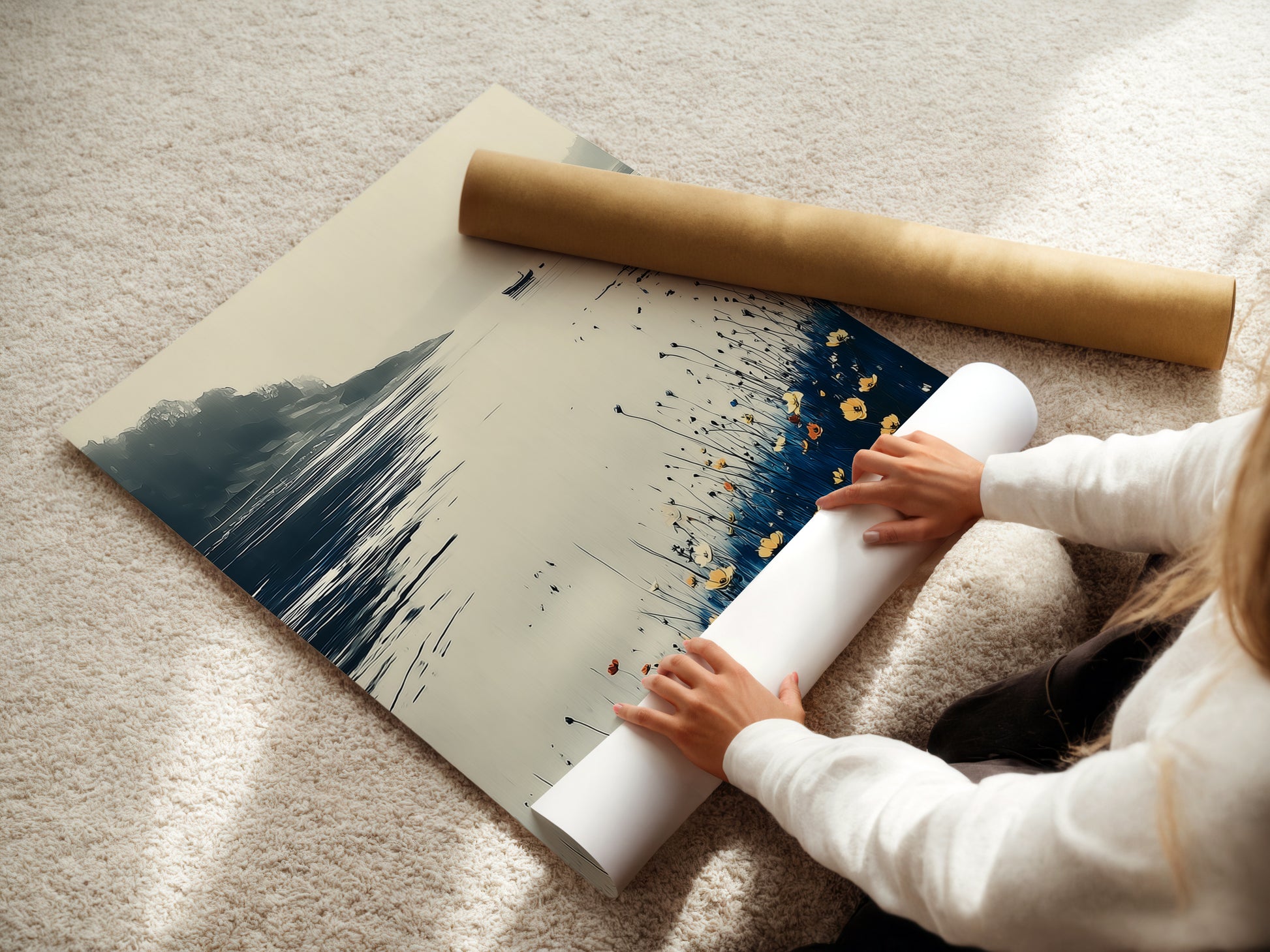 A woman carefully rolling a fine art poster paper featuring coastal artwork. The serene lake art highlights a peaceful landscape with blue and beige hues. This nature print complements minimalist coastal and farmhouse styles. Ideal for those seeking refined modern wall decor to enhance their home art collection.