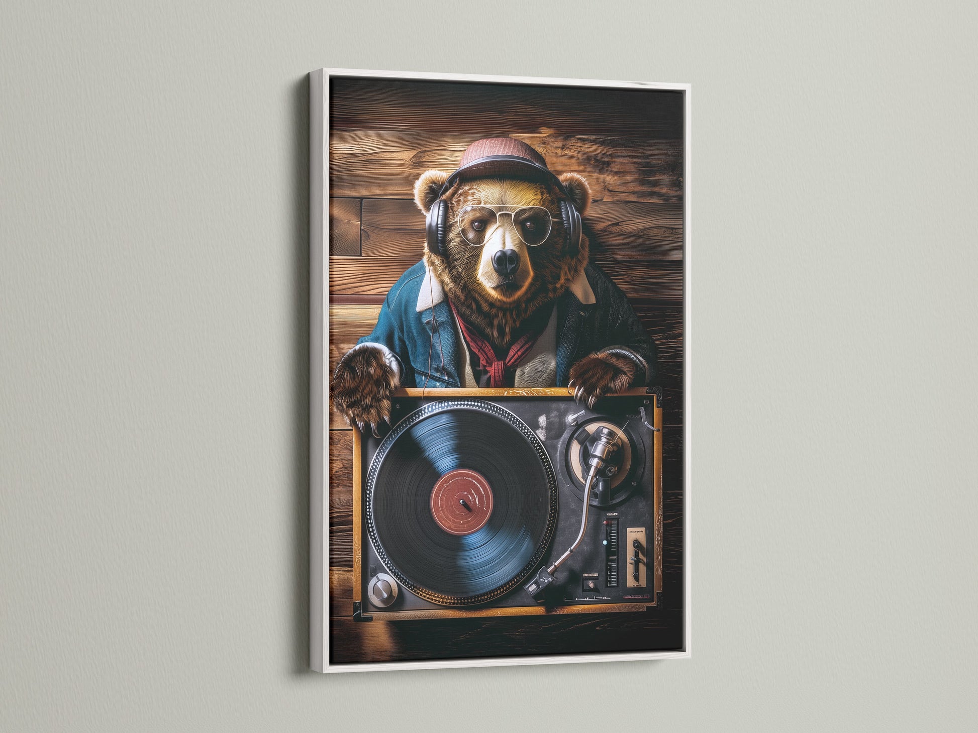 A white frame showcases a bear DJ art print. The artwork features a bear wearing headphones and sunglasses. The bear is set against a wooden background. The white frame adds a clean touch. Bring musical charm to your space with this unique piece.