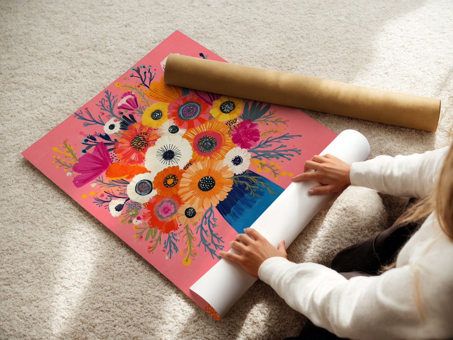 A woman is carefully rolling a fine art poster paper. The paper is high quality and ready for framing. This ensures that the artwork is handled with care. Protect and preserve your artwork with our fine art poster paper. Perfect for any art enthusiast.