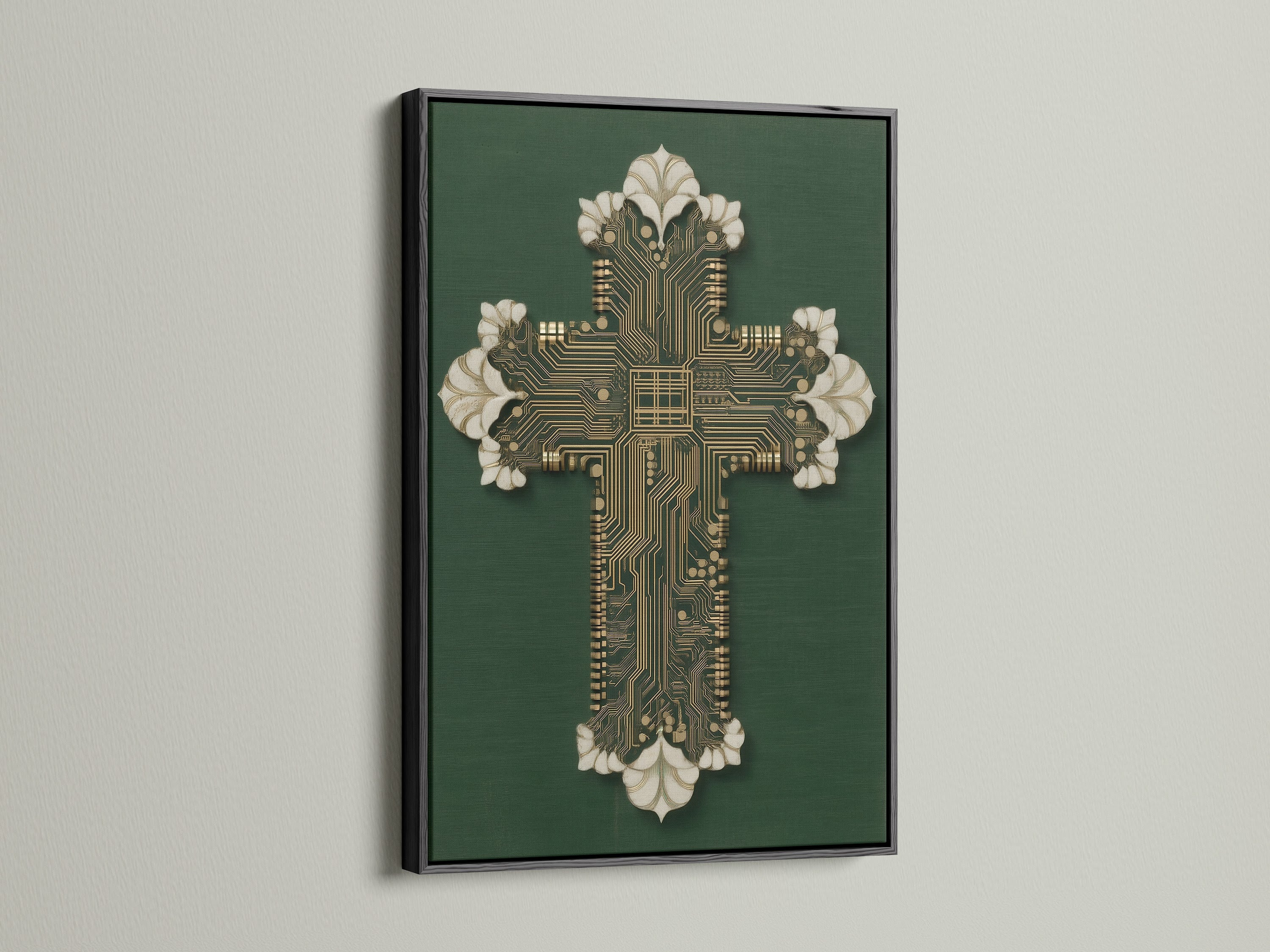 Discover the Circuit Board Cross Art in a black frame. This bold option adds contrast and sophistication. A unique piece of christian decor that stands out. Enhance your tech wall art with this modern religious piece.
