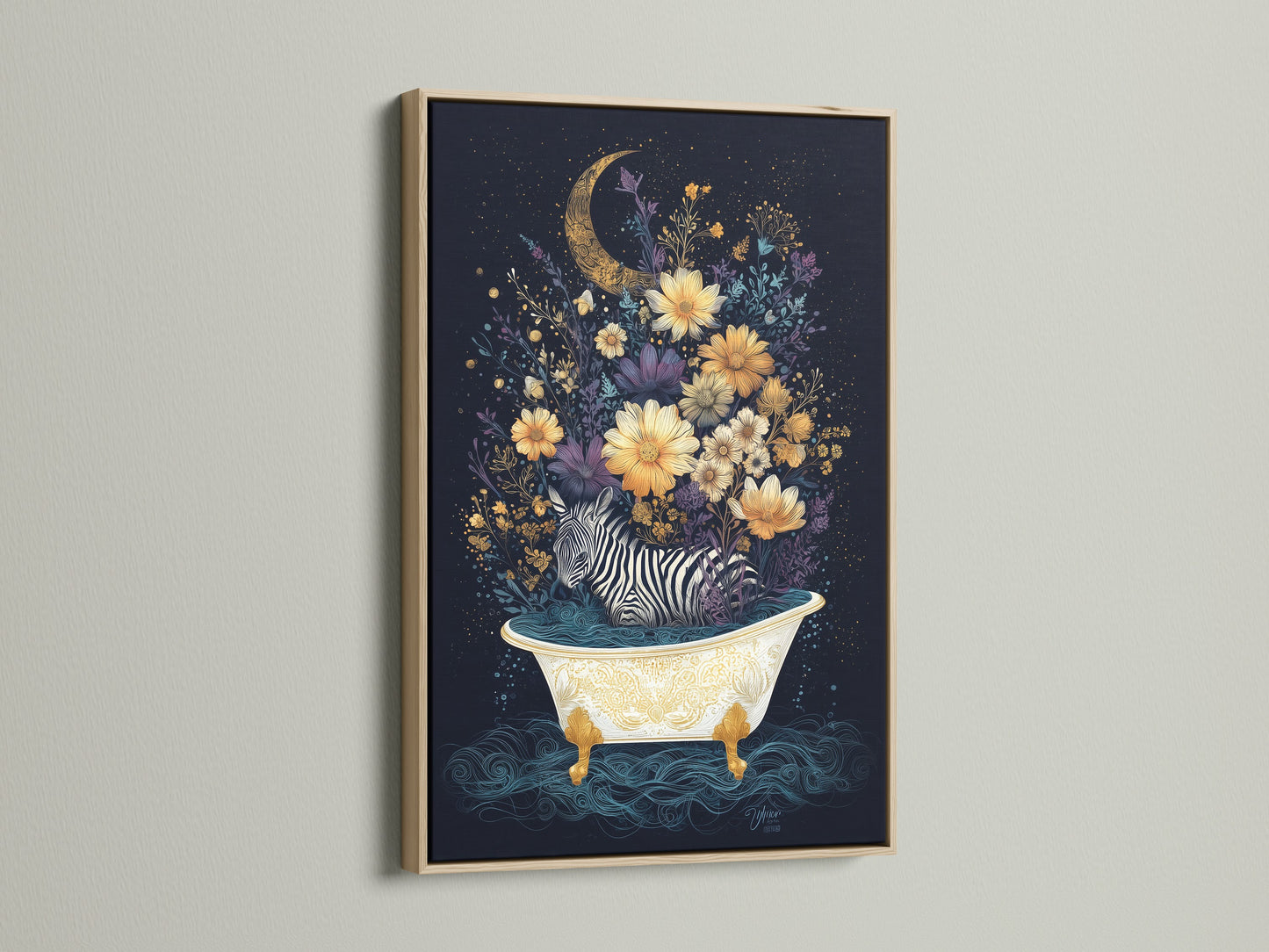 This is a close up of the zebra in bathtub art. The artwork features a zebra in a bathtub filled with water. Flowers and a moon decorate the whimsical animal artwork. The artwork is framed in an oak frame. Add a touch of charm to your bathroom wall decor.