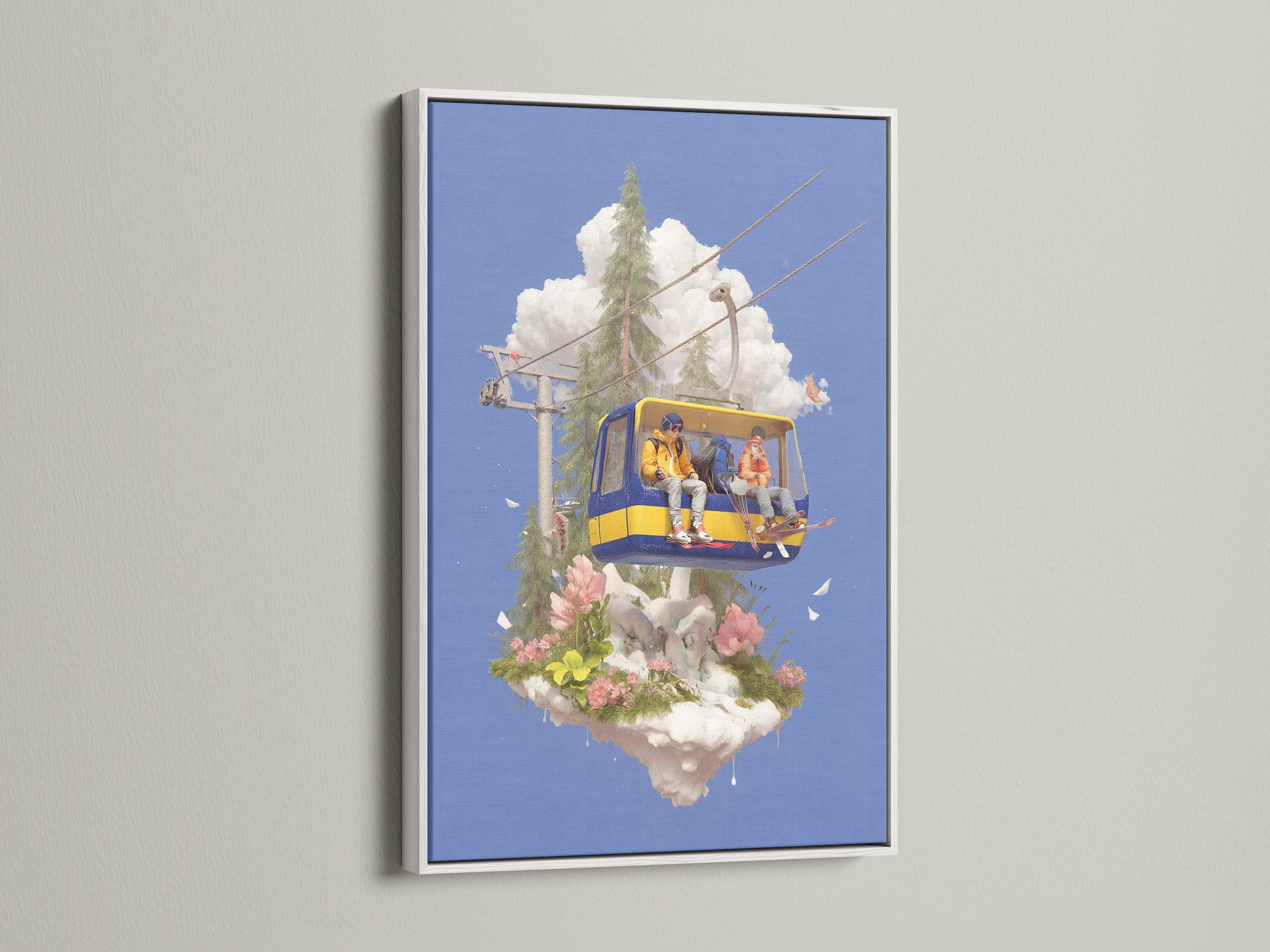 This image features the Ski Lift Adventure artwork in a white frame. It's a mountain canvas perfect for adding alpine wall art to your space. Consider this whimsical art for outdoor adventure enthusiasts. It's great for ski lodge decor and a stunning mountain decor piece.