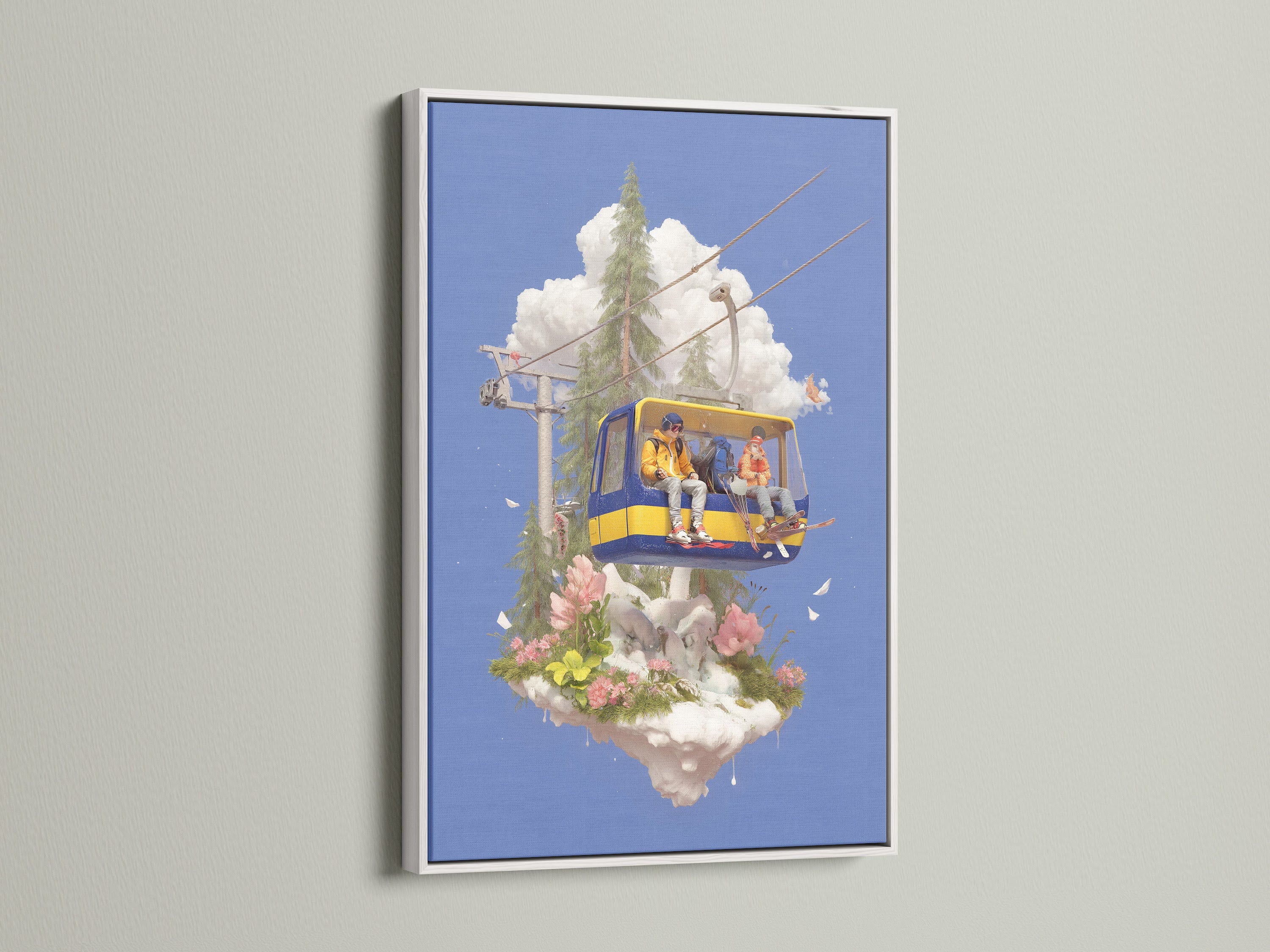 This image features the Ski Lift Adventure artwork in a white frame. It's a mountain canvas perfect for adding alpine wall art to your space. Consider this whimsical art for outdoor adventure enthusiasts. It's great for ski lodge decor and a stunning mountain decor piece.